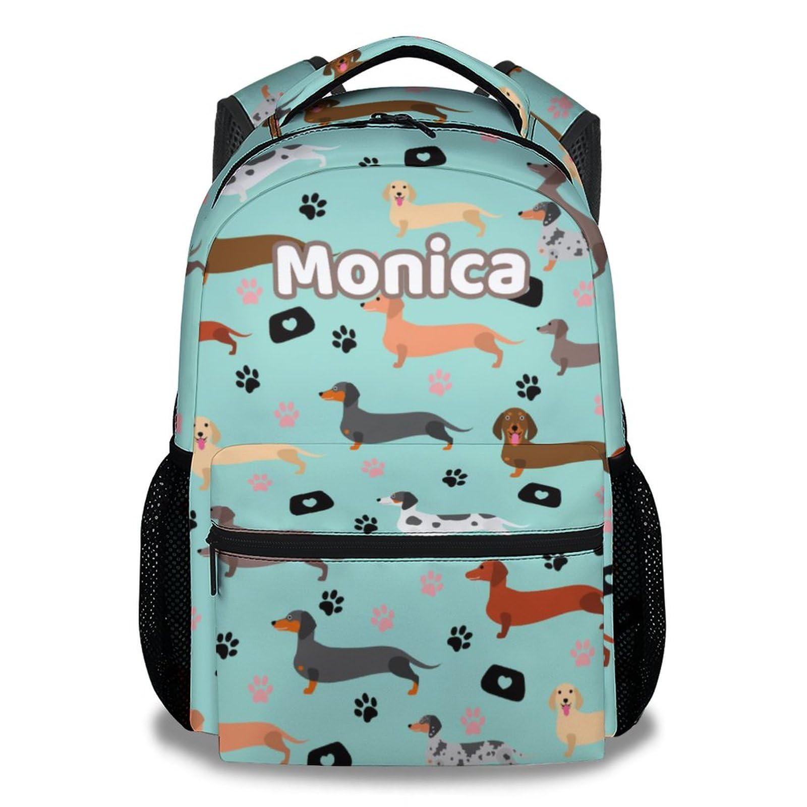 Personalized Kids School Backpack for Boys & Girls - 16 Inch Green Bookbag with Cute Dachshund Dog Pattern, Large Capacity Backpack for Elementary Students | Perfect for School, Travel & Daily Use