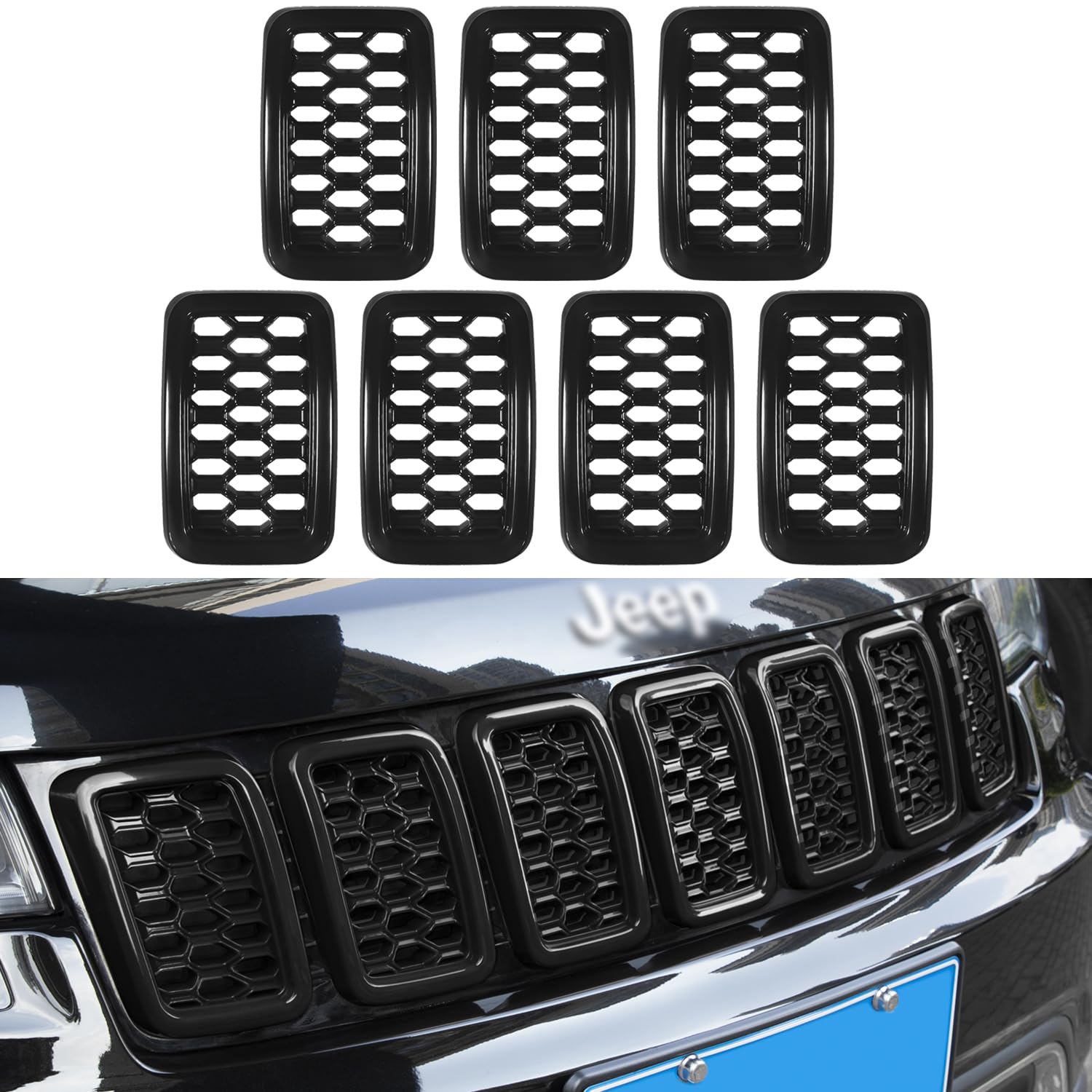 Jeep Grand Cherokee Honeycomb Grill Mesh Cover Kit (2017-2021) - 7PCS Black ABS Plastic Front Grille Inserts & Covers | Durable Exterior Accessories for Off-Road Protection & Custom Styling | Perfect for Jeep Mods, Car Shows & Daily Driving