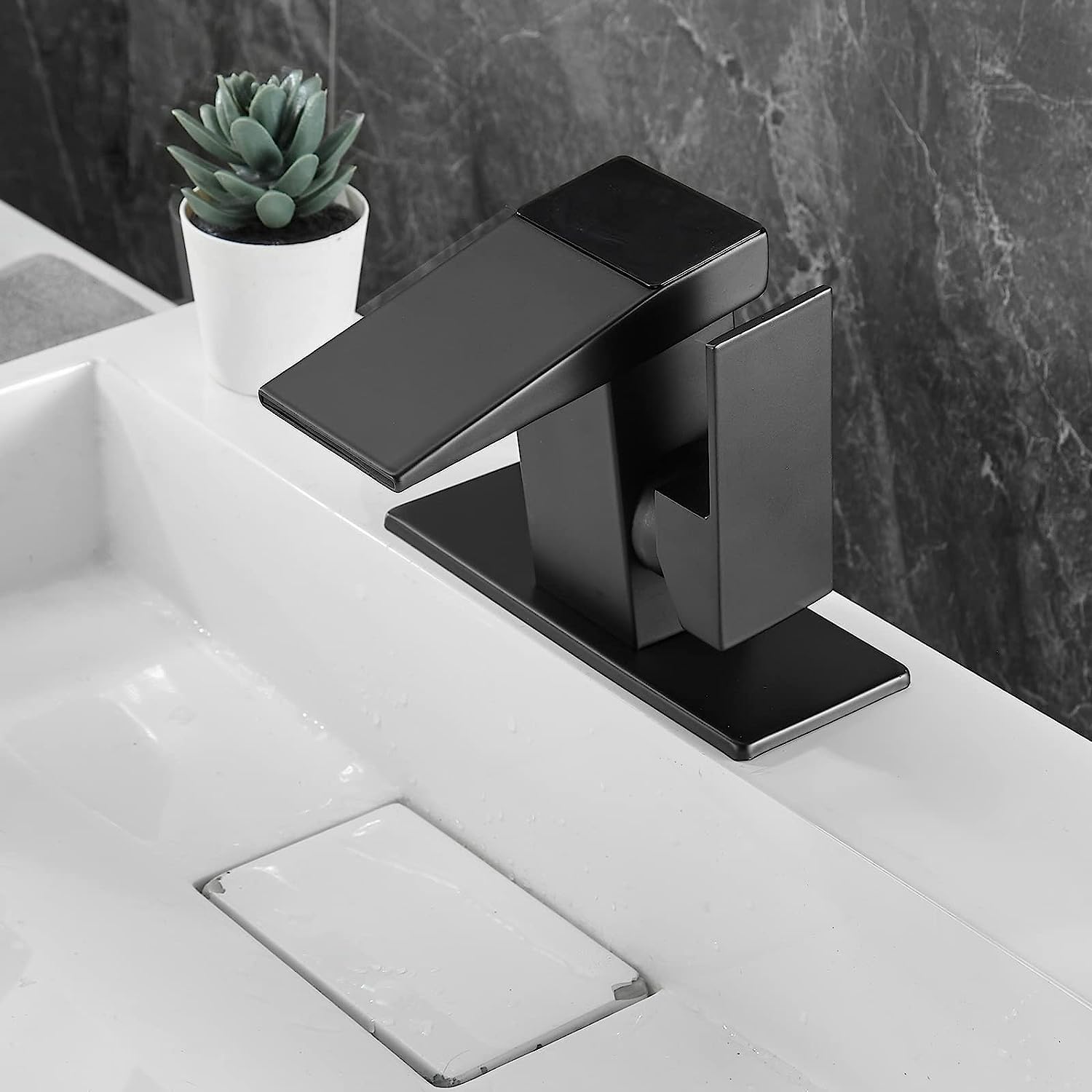 Loopan Black LED Light Waterfall Bathroom Faucet - Single Handle One Hole Mount with Temperature Display & Hydraulic Power, Lead-Free Vanity Sink Faucet for Modern Bathroom, Spa, and Hotel Decor