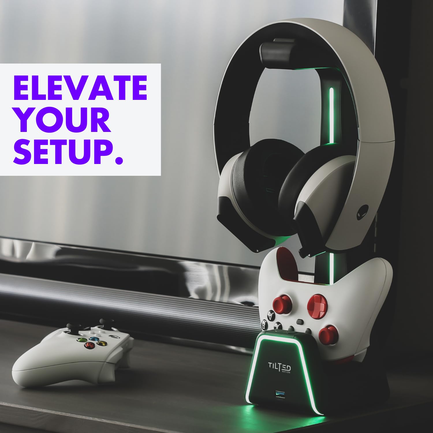 Tilted Nation 3-in-1 Gaming Headset Stand & Controller Charging Station for PS5, Xbox Series X - Magnetic Charger Dock with Headphone Holder & Game Controller Stand for Desk - Perfect for Gaming Setup & Accessories Organization