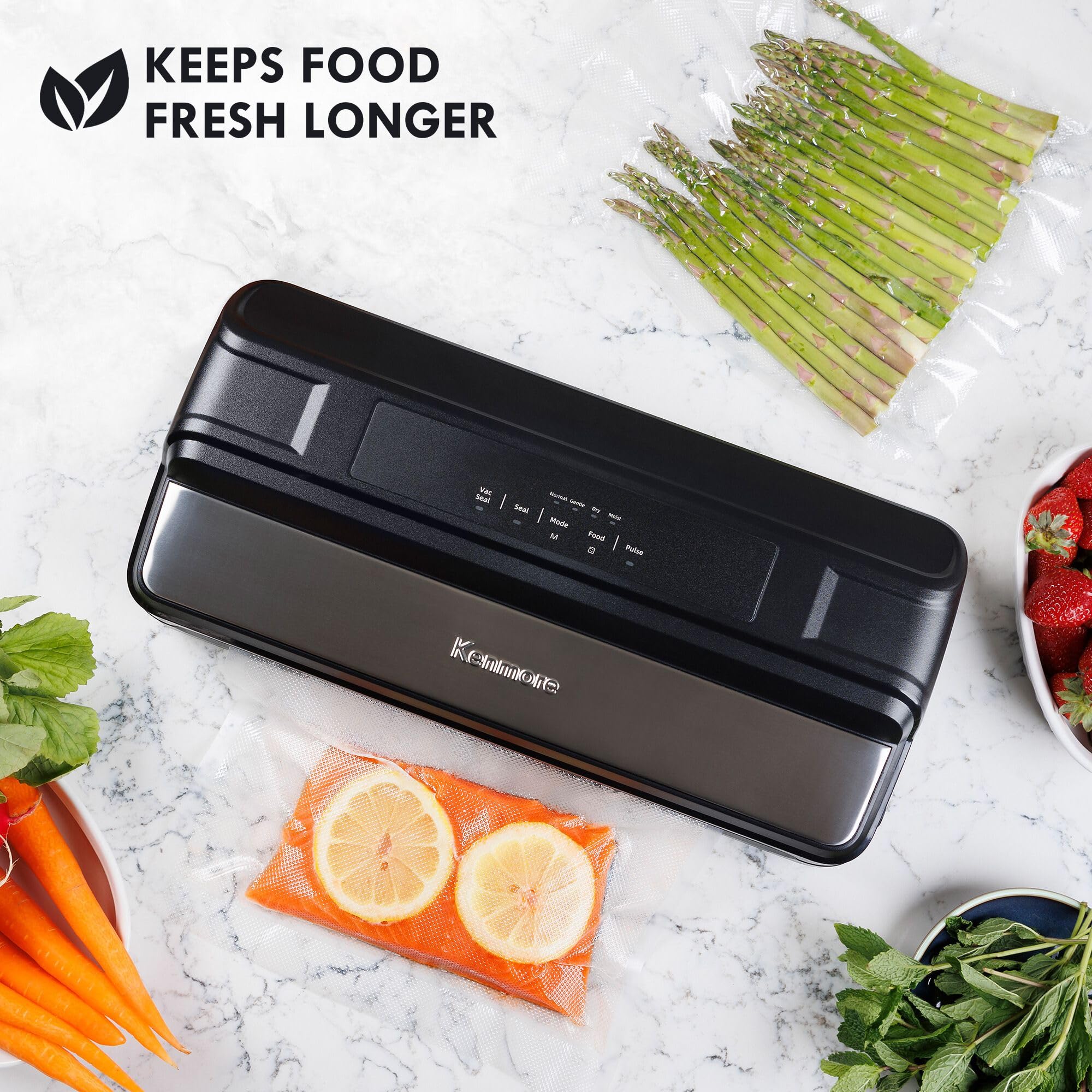 Kenmore Vacuum Sealer Machine for Food Preservation - 7 Preset Modes with 16ft Bag Roll & 10 Plastic Bags | Dry, Moist & Marinate Foods | Includes Canister Bottle Stopper | Stainless Steel Design | Perfect for Meal Prep, Sous Vide & Long-Term Food Storage
