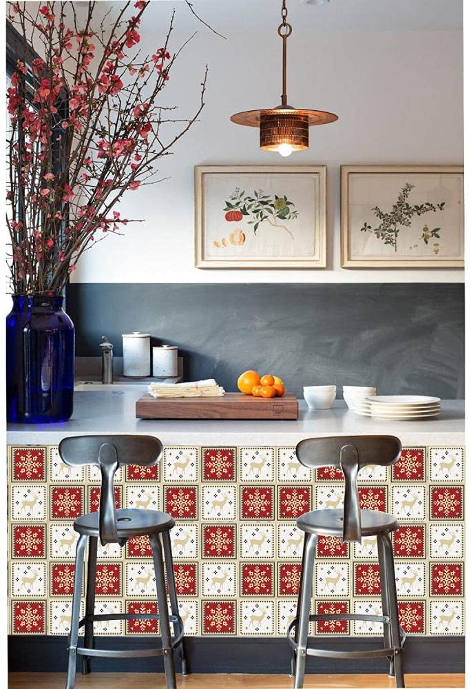 20cm x 20cm Christmas Tile Stickers (24 Pack) - Waterproof Kitchen Wall Decals, Peel & Stick Backsplash Tiles for Holiday Home Decor - Perfect for Kitchen, Bathroom, and DIY Home Improvement Projects