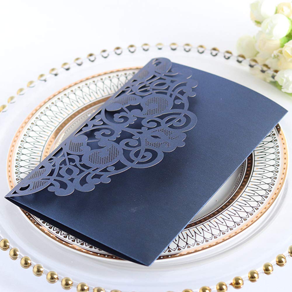 10PCS Elegant Navy Blue Wedding Invitation Cards with Ribbon - European Style Laser Cut Invitation Kit with Hollow Floral Design & Blank Cardstock - Perfect for Weddings, Anniversaries & Special Events by Giveme5