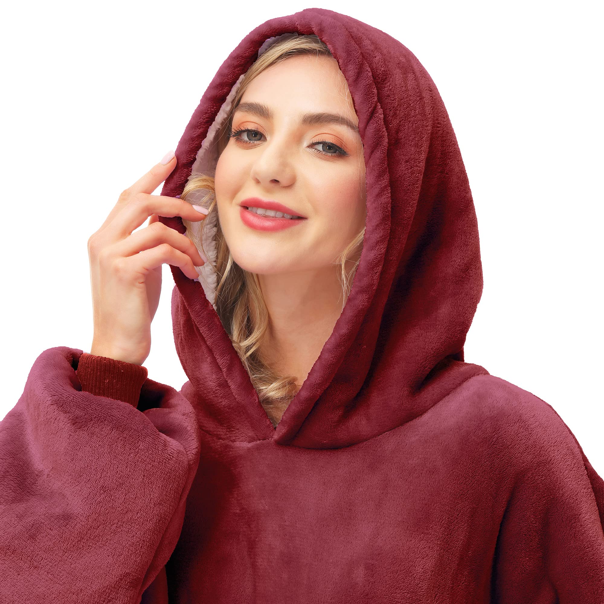 Kipswiza Oversized Wearable Blanket Hoodie - Sherpa Lined Soft Warm Hooded Sweatshirt Blanket for Women & Teens | Cozy Loungewear for Winter Nights, Movie Marathons & Gift Giving (Wine Red)