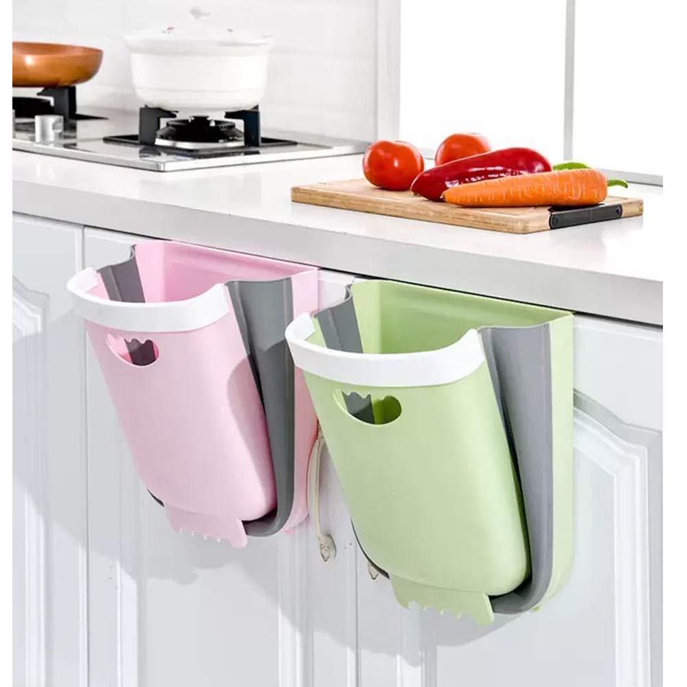 Collapsible Hanging Trash Can - 10L/2.6 Gallon Small Garbage Bin for Kitchen Cabinet Door | Portable Folding Waste Container for Home, Office & Outdoor Use | Space-Saving Green Plastic Recycling Bin (Green)