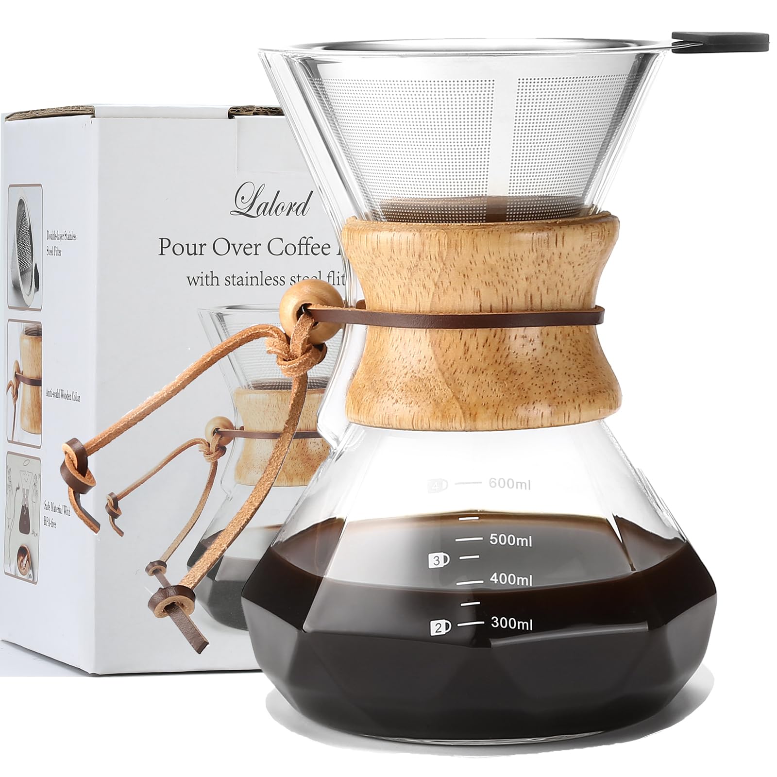 Premium Pour Over Coffee Maker with Stainless Steel Filter - 20oz Borosilicate Glass Carafe & Wooden Collar - Holds 3-4 Cups (600ml) - Perfect for Home Brewing, Office Use & Camping Coffee Making