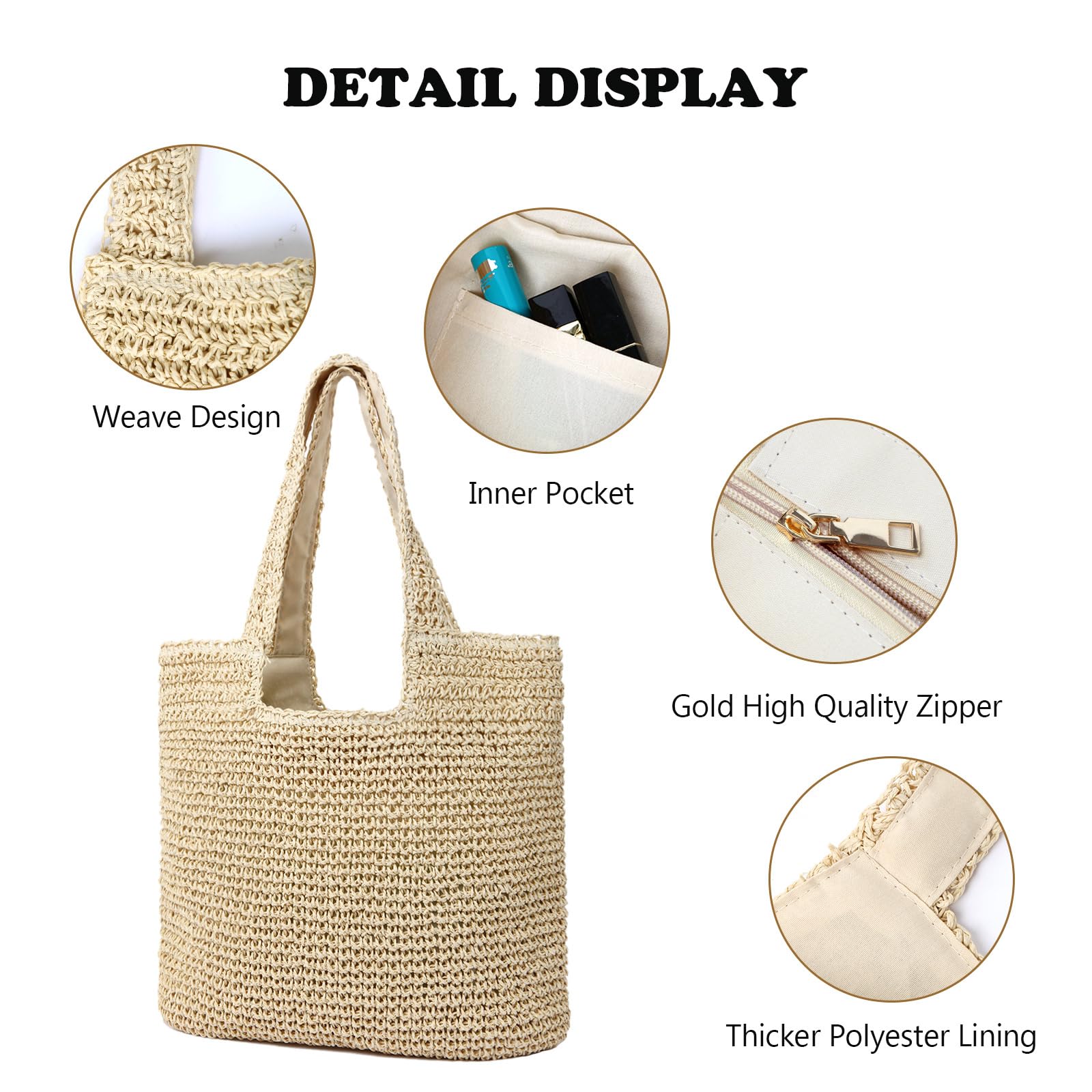 Large Straw Beach Bag for Women with Coin Purse - Woven Tote Summer Shoulder Handbag | Perfect for Vacation, Poolside, Travel & Shopping