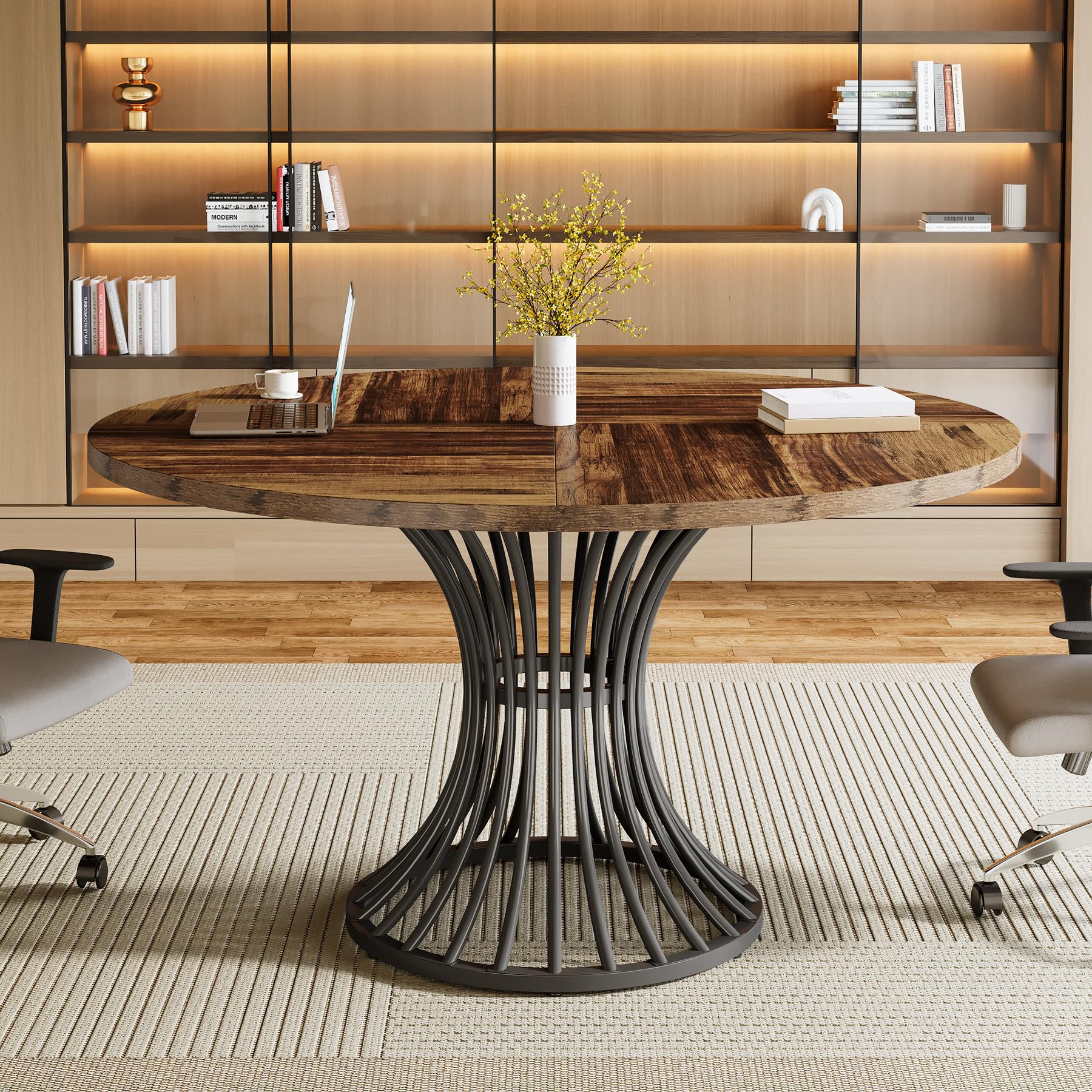 Tribesigns 47-Inch Round Conference Table for 4-6 People - Thickened Wood Tabletop & Sturdy Metal Base - Industrial Style Office Meeting Table in Rustic Brown - Perfect for Small Conference Rooms, Team Meetings & Collaborative Workspaces