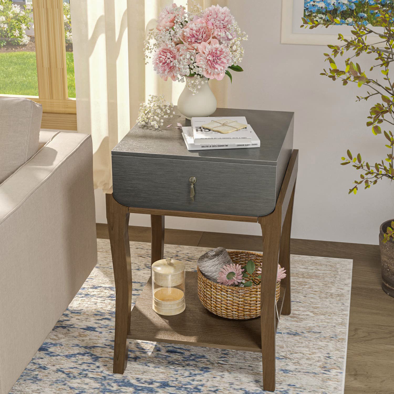 SUNBUEY Classic Wood Nightstand with Drawer & Open Shelf - MDF Bedside End Table, Dark Gray/Rustic Brown - Perfect for Bedroom, Living Room, Office & Guest Room Storage Solutions
