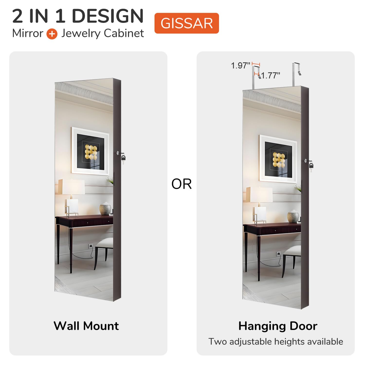 GISSAR Full Length Mirror Jewelry Cabinet with 6 LED Lights - Wall Mounted Over The Door Hanging Jewelry Organizer - Lockable Storage for Necklaces, Rings & Accessories - Brown (14.6
