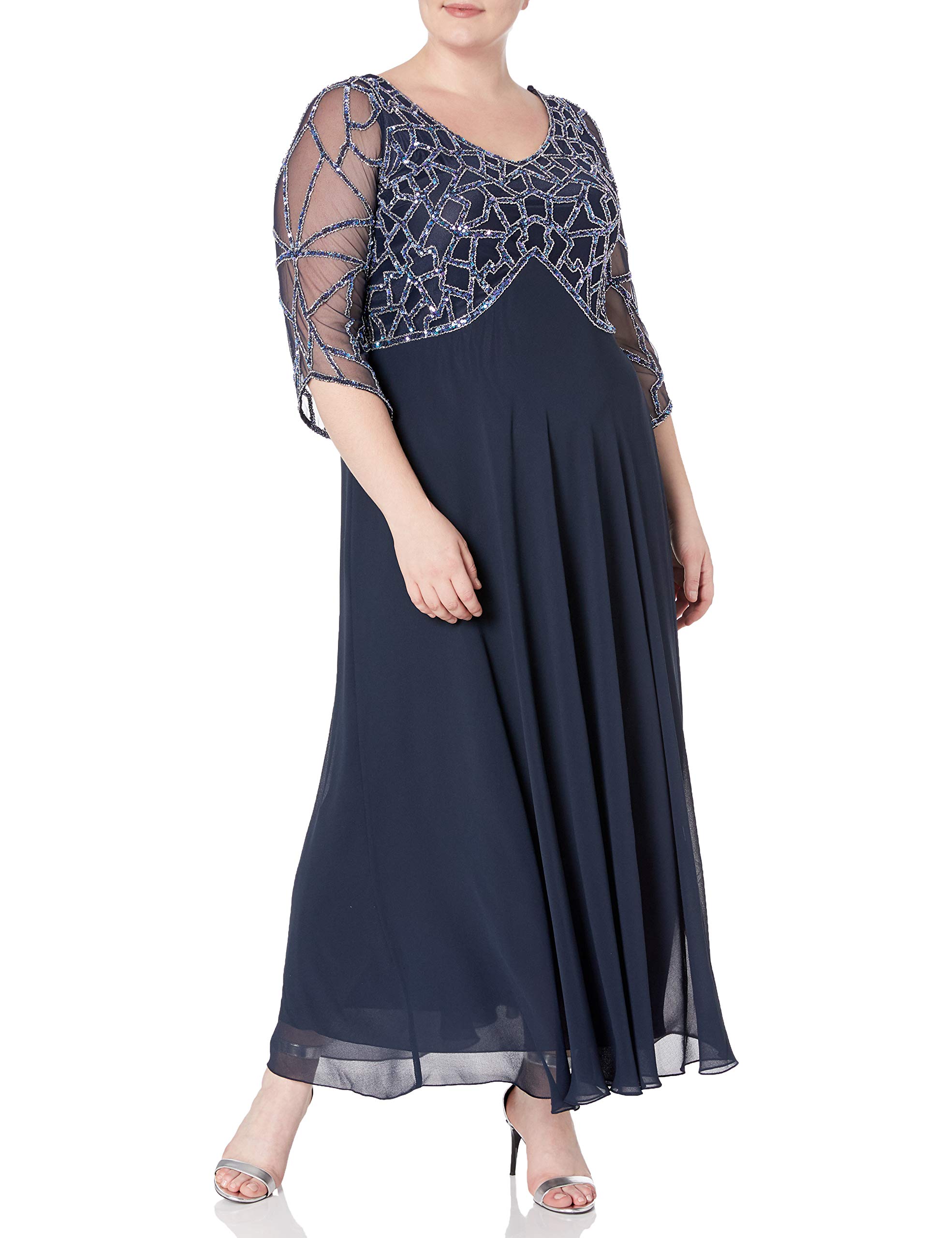 J Kara Women's Plus Size 3/4 Sleeve Geo Beaded Evening Gown - Elegant Party Dress for Weddings, Galas & Special Occasions