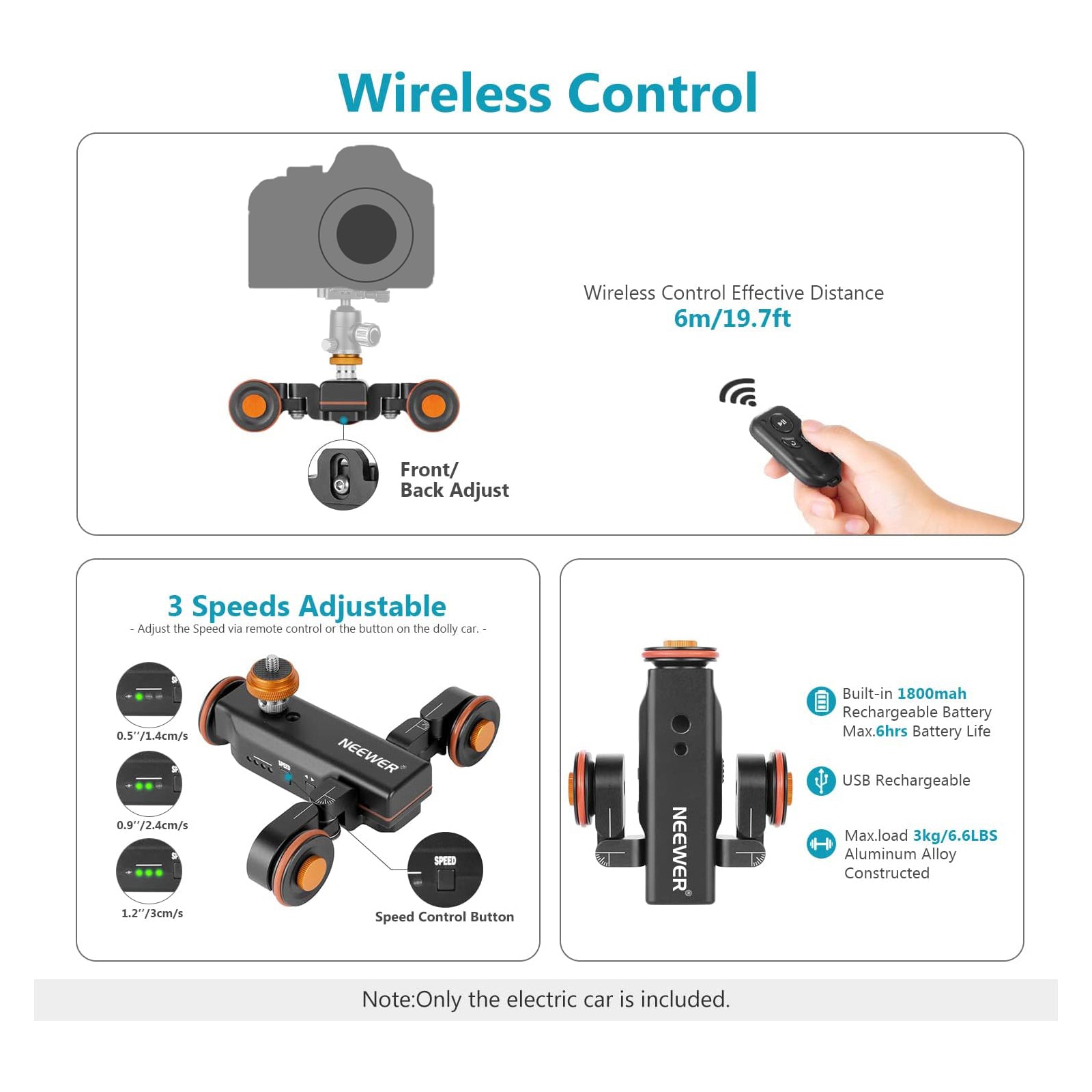 NEEWER DL100 3-Wheel Wireless Camera Dolly with Remote Control - 3 Speed Adjustable for Smooth Video Shooting | Perfect for Film Making, Vlogging, and Studio Productions
