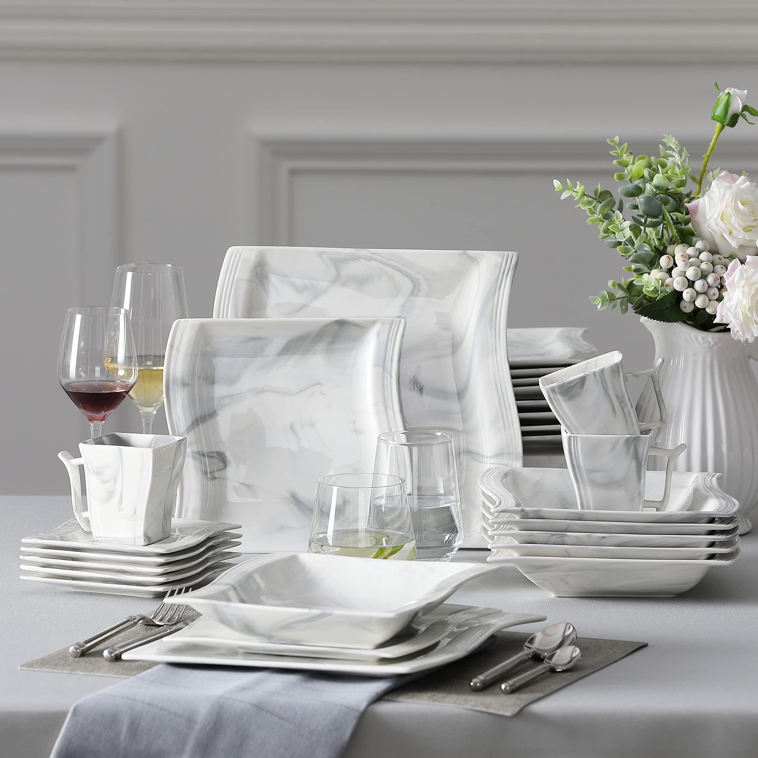 MALACASA 60-Piece Modern Porcelain Dinnerware Set for 12 - Marble Design Plates, Bowls, Cups & Saucers - Square Floral Dinnerware Set for Formal Dining, Wedding, Restaurant & Home Entertaining
