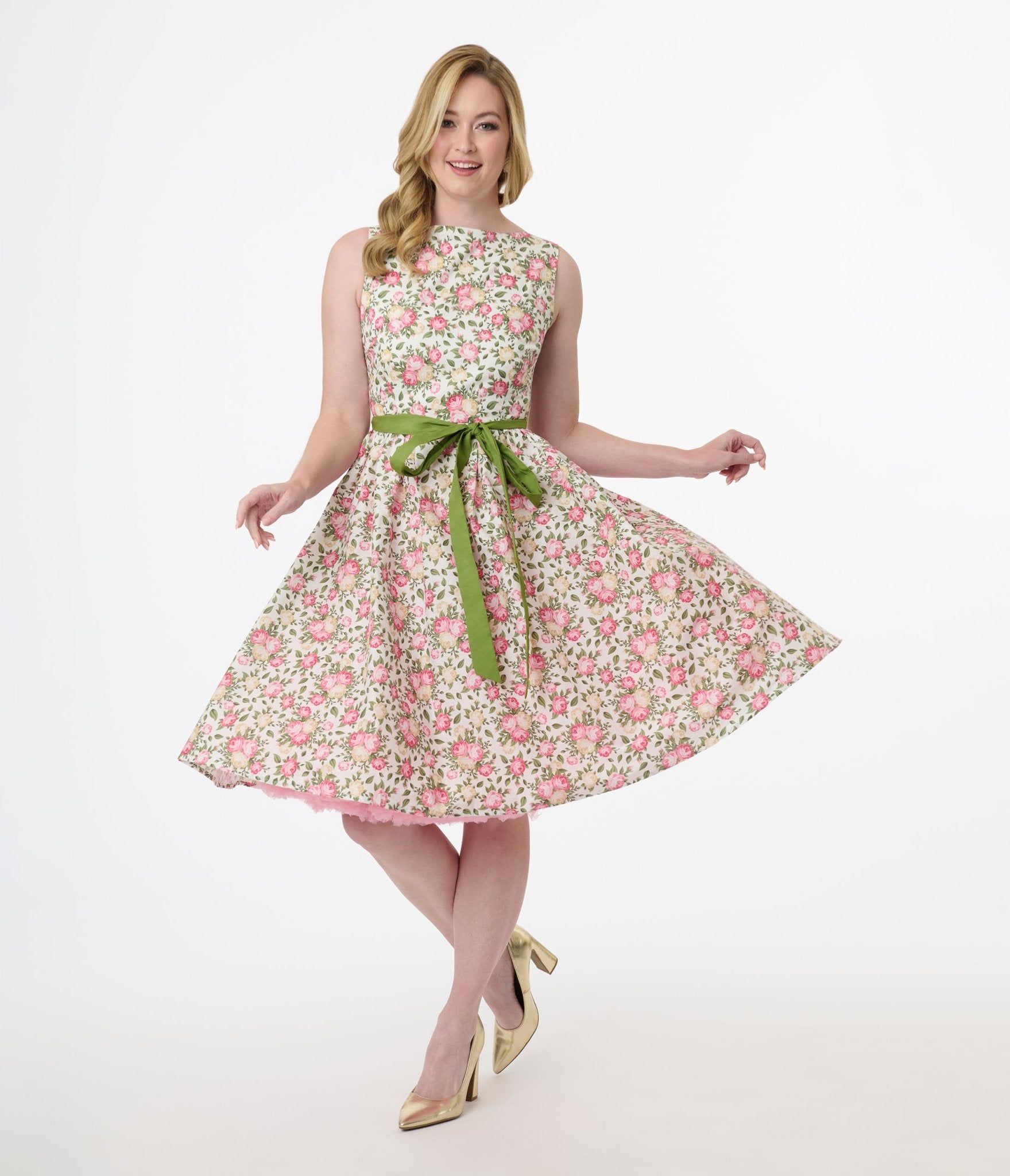 Vintage 1950s Pink & Green Floral Swing Dress - Sleeveless Cotton Summer Dress for Women | Retro Cocktail Party, Garden Wedding & Tea Dress
