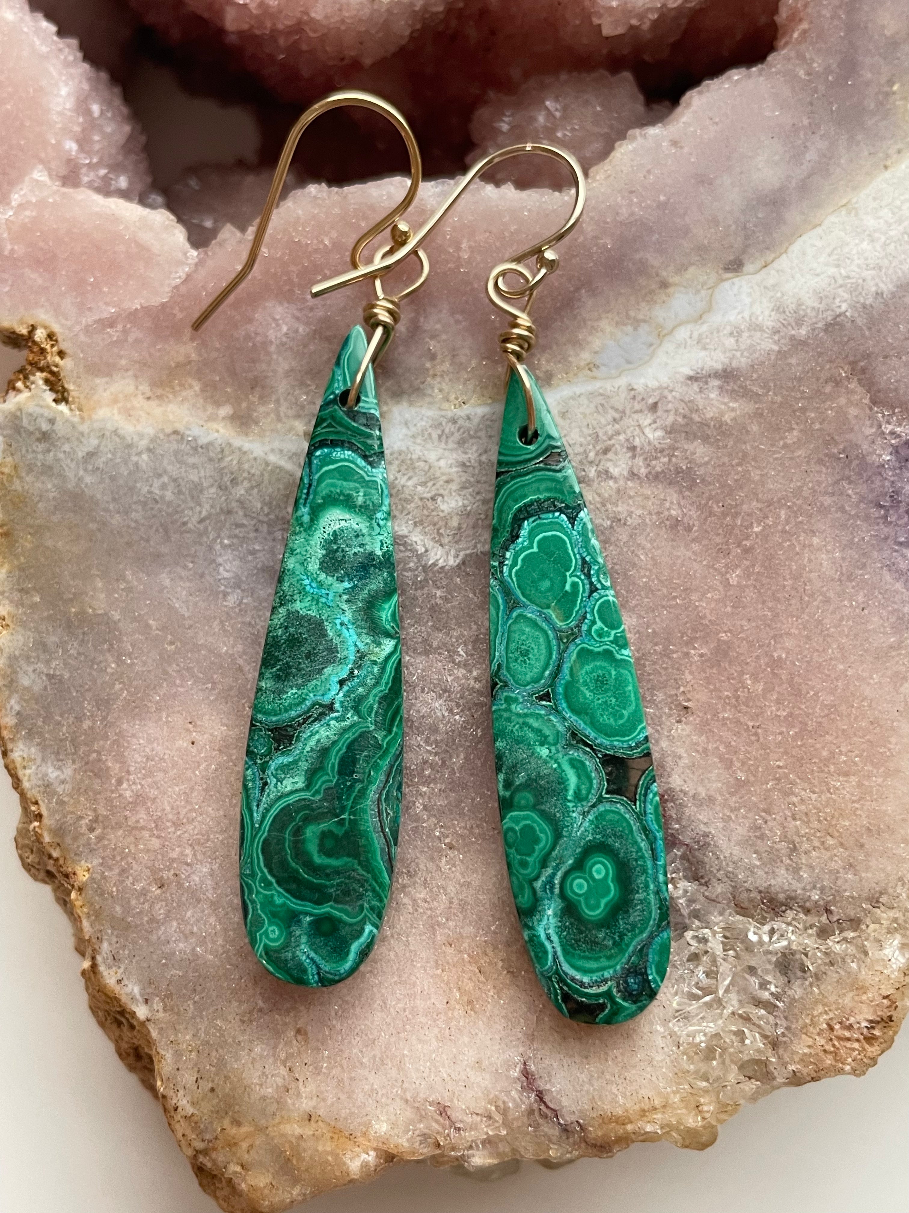 14kt Gold Filled Malachite Crystal Dangle Earrings for Women - Elegant Green Gemstone Jewelry for Parties, Weddings & Special Occasions