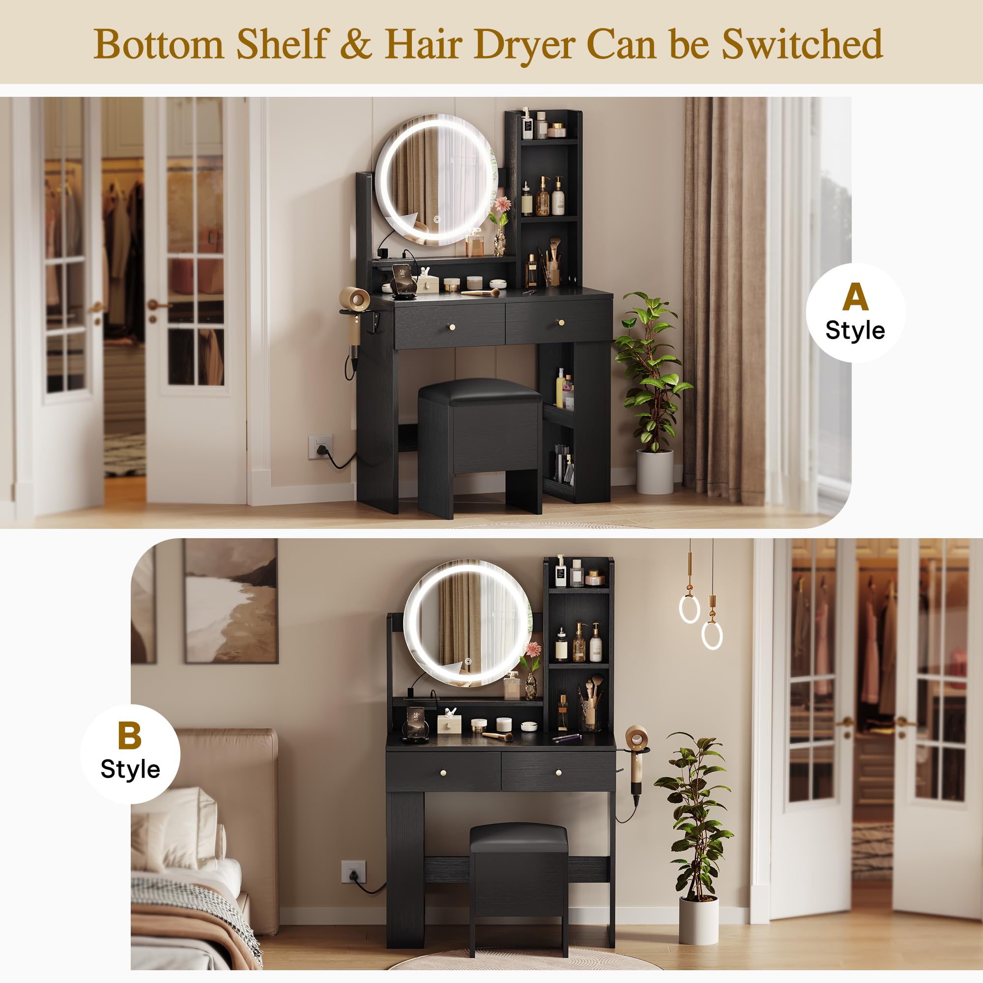 YITAHOME Makeup Vanity Desk with LED Lights & Mirror, Vanity Table Set with Power Outlets, Storage Drawer, 3 Shelves & Chair - Perfect for Bedroom, Dressing Room & Home Salon (Dark Black)