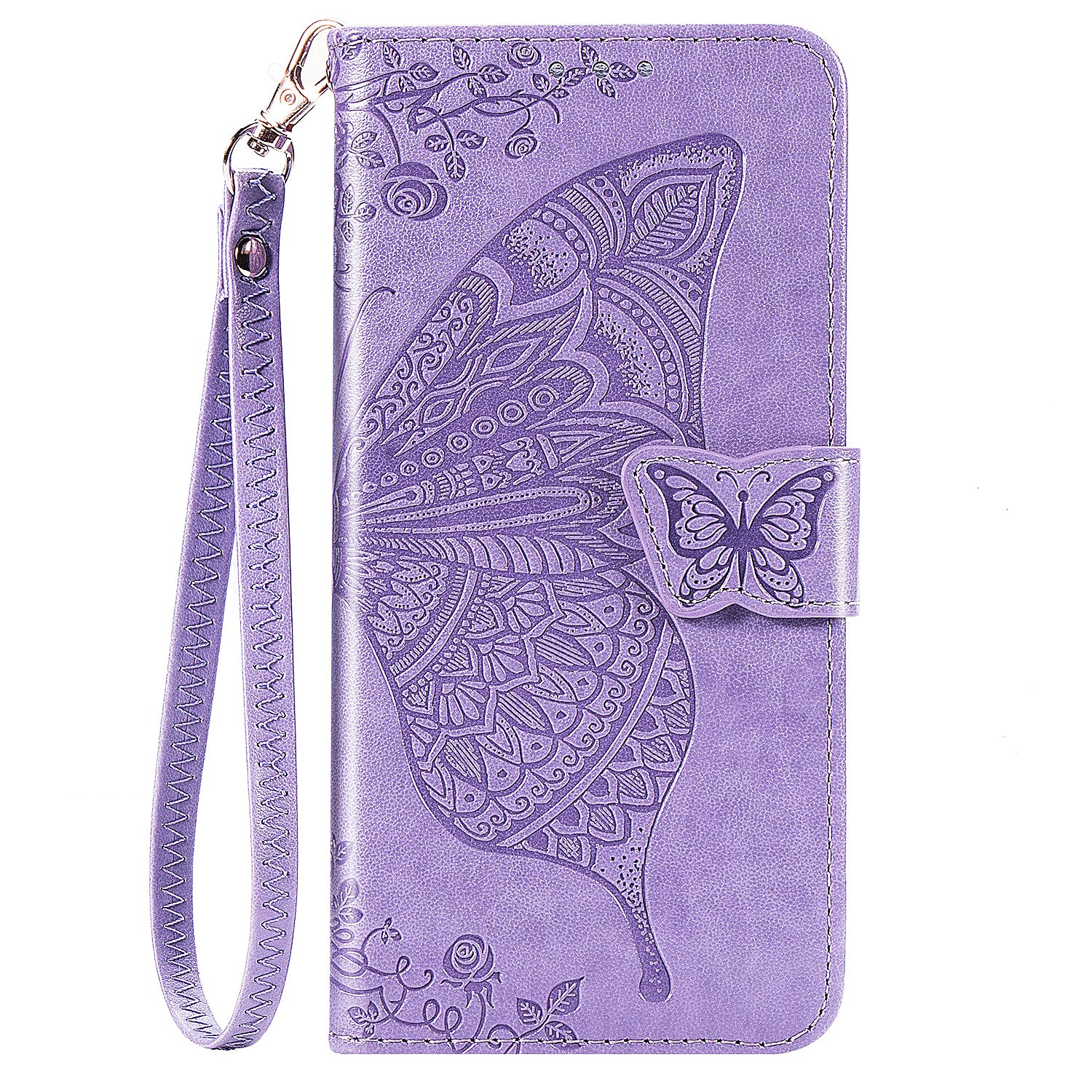 Premium PU Leather Wallet Case for iPhone 13 Pro Max - Flip Cover with Card Slots, Wrist Strap & Kickstand | Protective Phone Case with Butterfly Flower Embossing (Light Purple) | Perfect for Everyday Use, Travel & Hands-Free Convenience