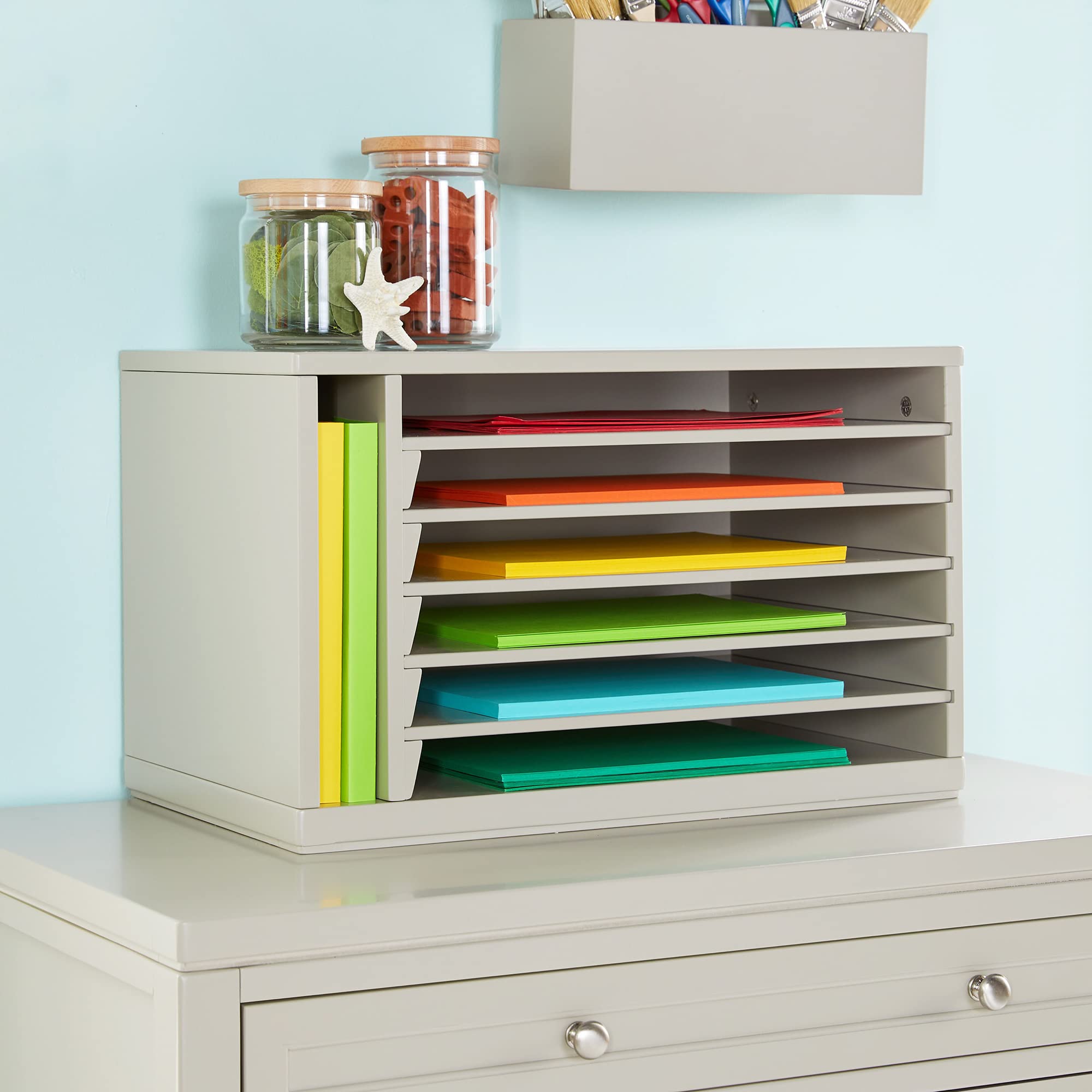 Martha Stewart Kids' Paper Organizer - Gray Wooden 6-Tray Tabletop Construction Paper Storage with Compartments | Perfect for Classroom, Homeschool & Craft Room Organization