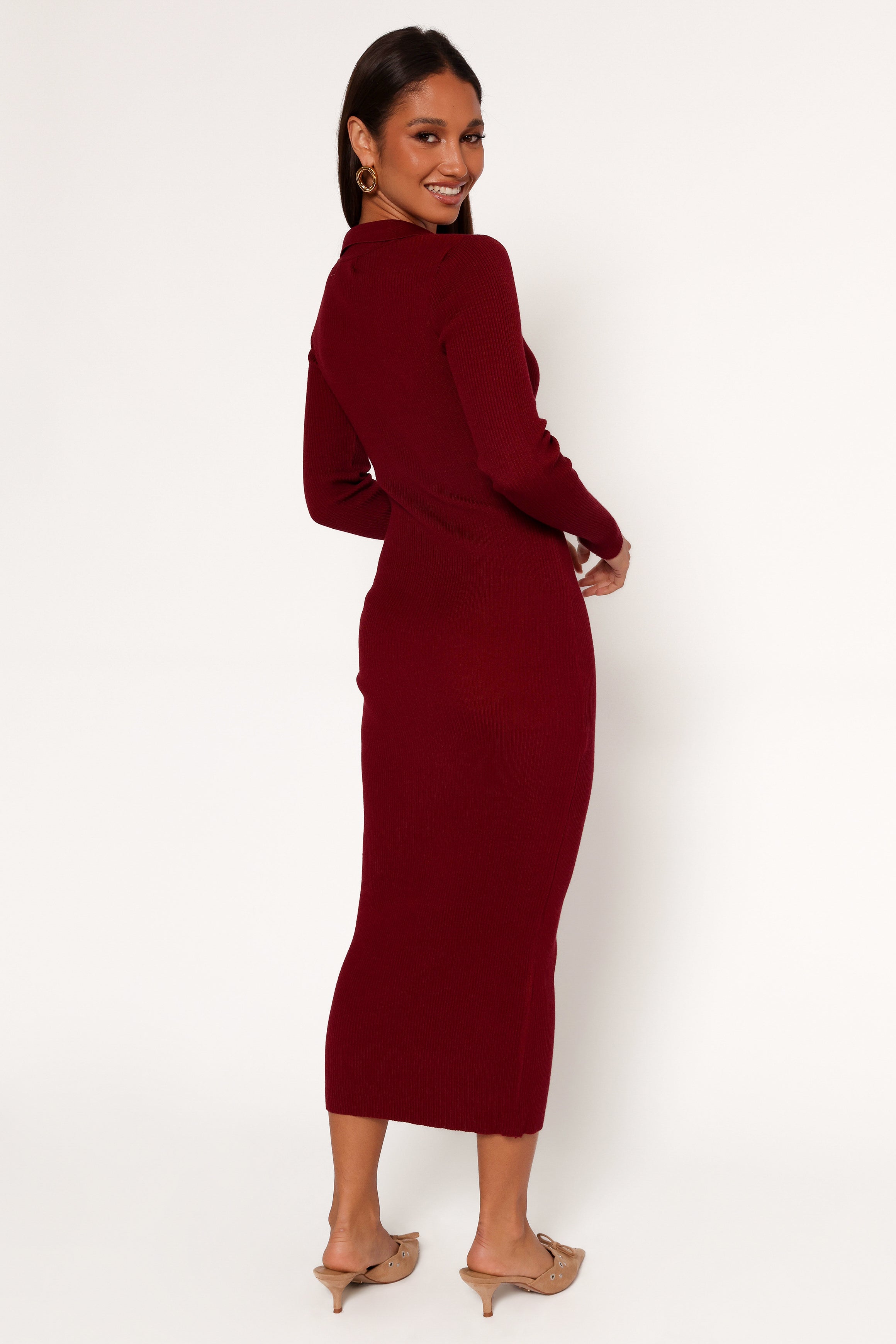 Collins Women's Long Sleeve Midi Dress in Wine Red - Elegant Fall & Winter Office Wear, Party Dress, Holiday Outfit
