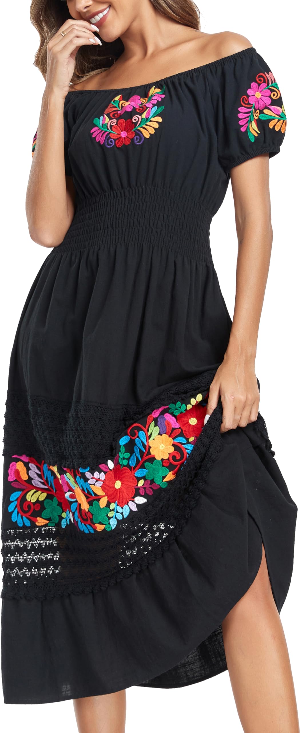 YZXDORWJ Women's Mexican Floral Embroidered Lace Ruffle Maxi Dress - Boho Summer Beach Dress for Vacation, Party & Casual Wear