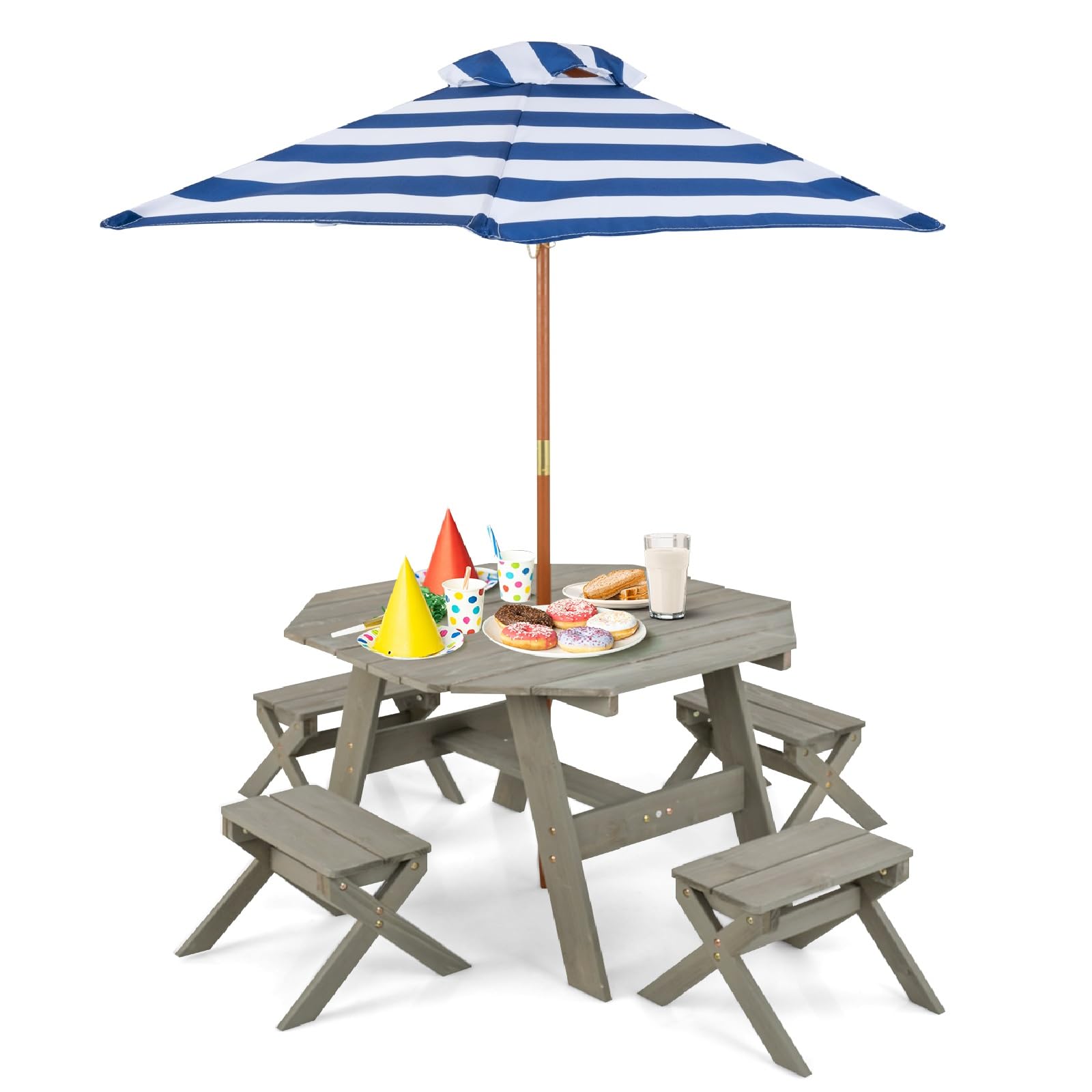 Costzon Kids Picnic Table Set - Octagon Wooden Toddler Table & Chairs with Removable Umbrella, Outdoor Activity Furniture for Backyard, Garden, Patio - Perfect for Playtime, Snacks & Creative Activities (Grey)