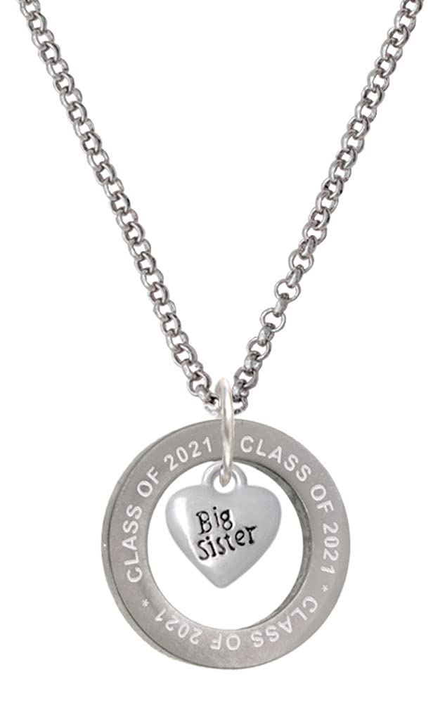 Delight Jewelry Silver-Tone Mini Big/Little Sister Heart Class of 2021 Affirmation Ring Necklace - 23.5 Inch Sister Gift for Graduation, Birthday & Special Occasions