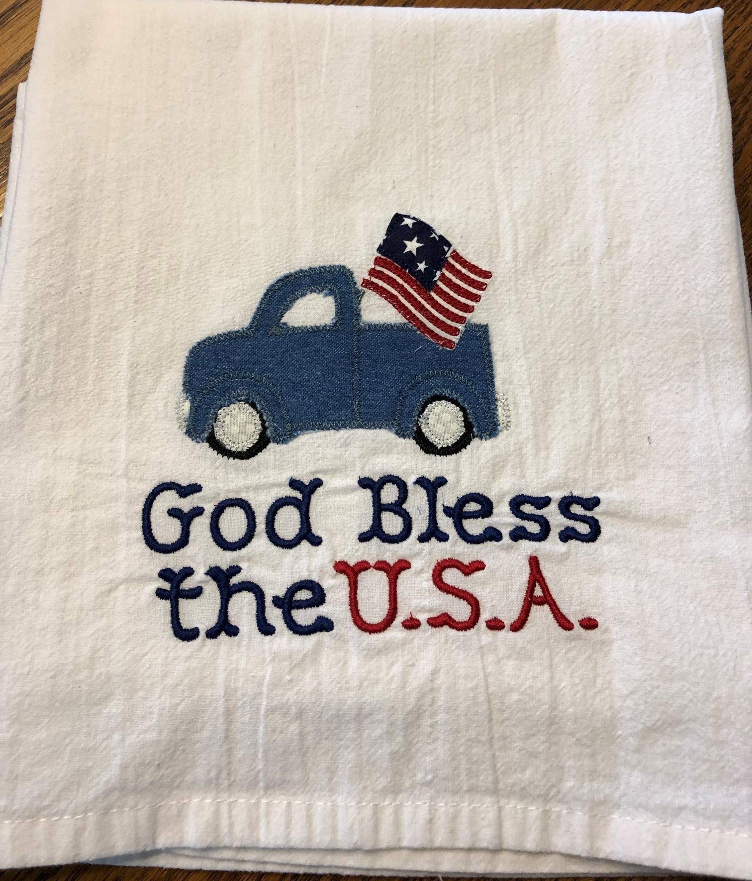 Patriotic Tea Towel with Retro Truck & Flag Applique - God Bless USA Machine Embroidered Dish Towel - Perfect for 4th of July Decor, Kitchen Decorations & Gift Giving