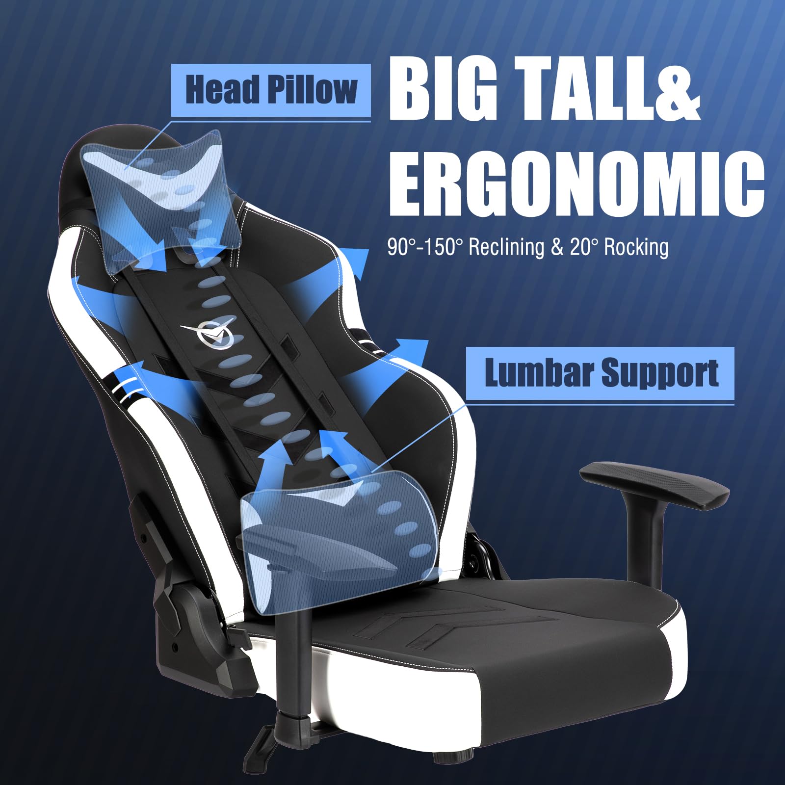 Big and Tall Gaming Chair 350lbs - Heavy Duty Ergonomic Racing Office Chair with Wide Seat, Reclining Backrest & Adjustable Armrests - Perfect for PC Gaming, Streaming & Home Office (Black/White)