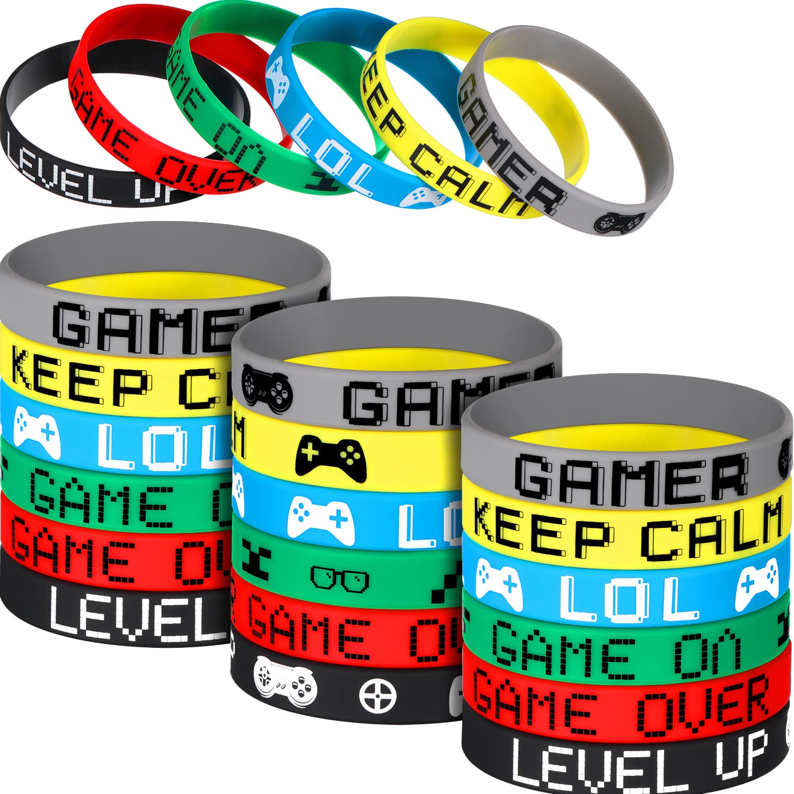 30 Pack Video Game Themed Rubber Bracelets - 6 Styles Colorful Silicone Wristbands for Gamer Birthday Party Favors, Gaming Conventions & Cosplay Events