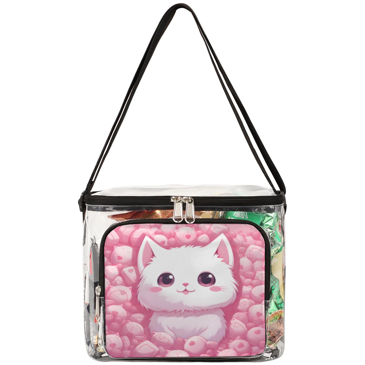 GzLeyigou Pink Cute Kitten Clear Tote Bag with Handles - Transparent Crossbody Shoulder Purse for Women, White Cat Design Lunch Bag | Perfect for Outdoor Travel, Picnic, Concerts, Sports Events & Stadium Approved | Waterproof & Lightweight Daily Essentials Carrier