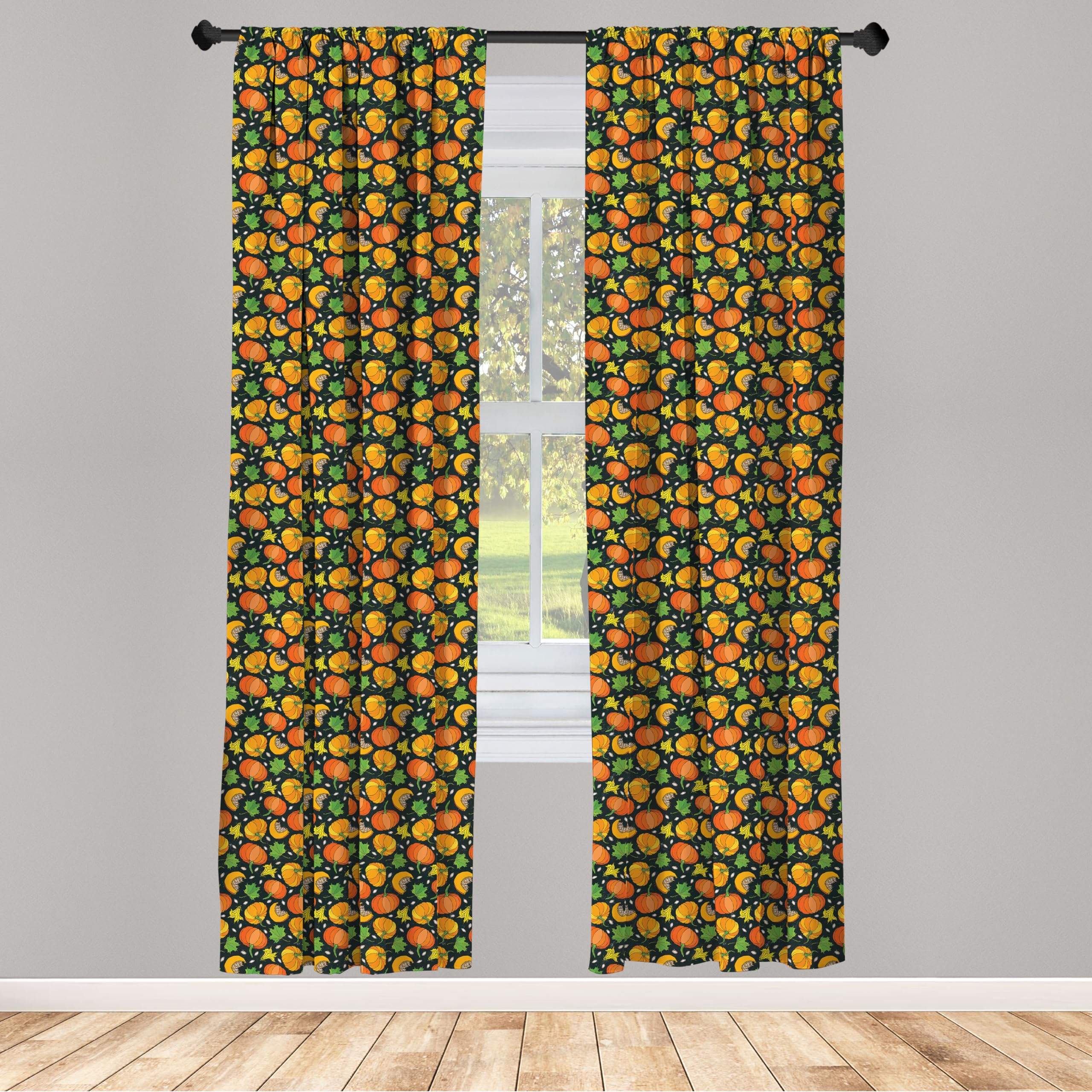 Ambesonne Autumn Curtains - Pumpkin Flower Leaf Halloween Harvest Season Repeating Pattern - 2 Panel Set (28