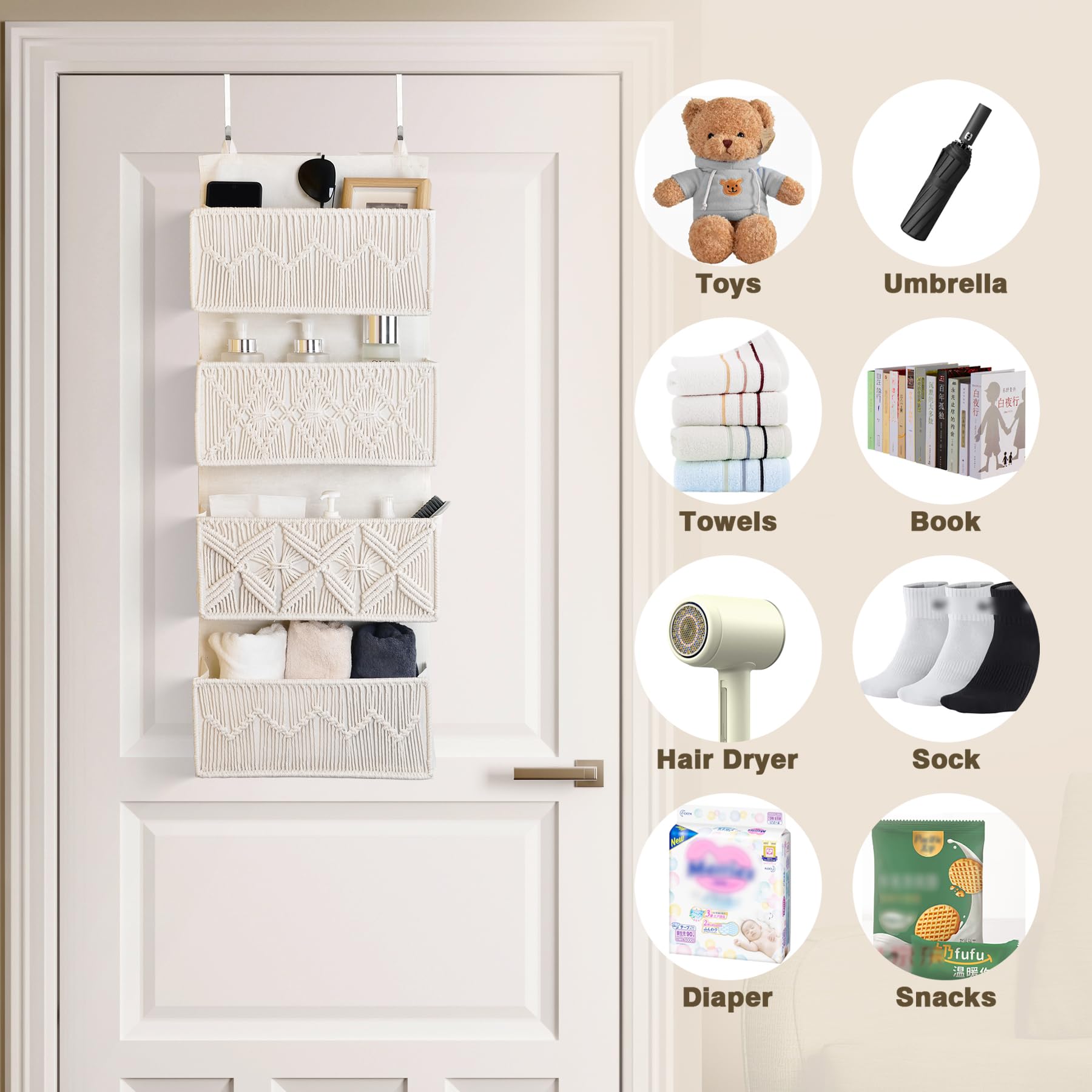 Macrame Over The Door Organizer - 4 Large Woven Pockets for Bathroom & Bedroom Storage | Boho Wall Hanging Decor | Space-Saving Closet & Towel Organizer | Perfect for Jewelry, Scarves & Small Essentials
