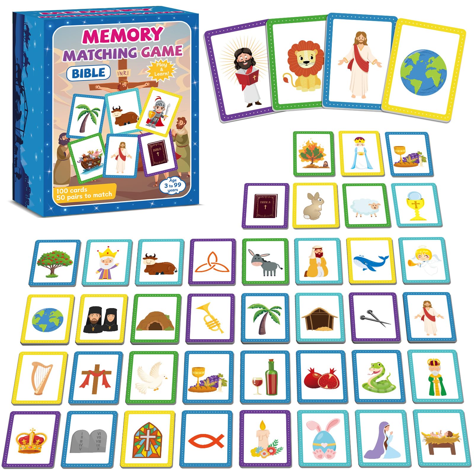 50 Pairs Bible Memory Matching Game for Kids - Christian Educational Easter Card Game - Fun Family Activity for Sunday School, Easter Parties & Homeschool Learning