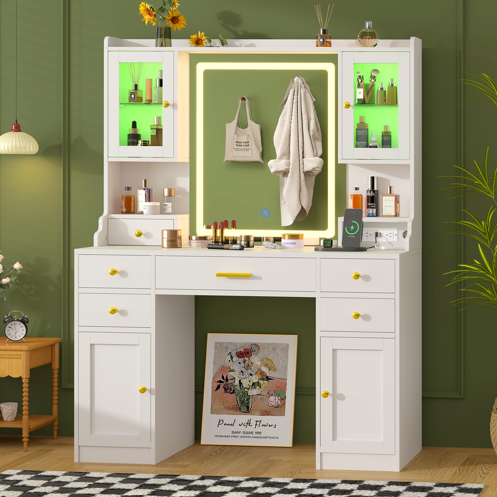 White Makeup Vanity Desk with Mirror & LED Lights - Large Dressing Table Set with Charging Station, RGB Cabinets & 3 Light Modes - Perfect for Bedroom, Salon, or Bridal Makeup Area