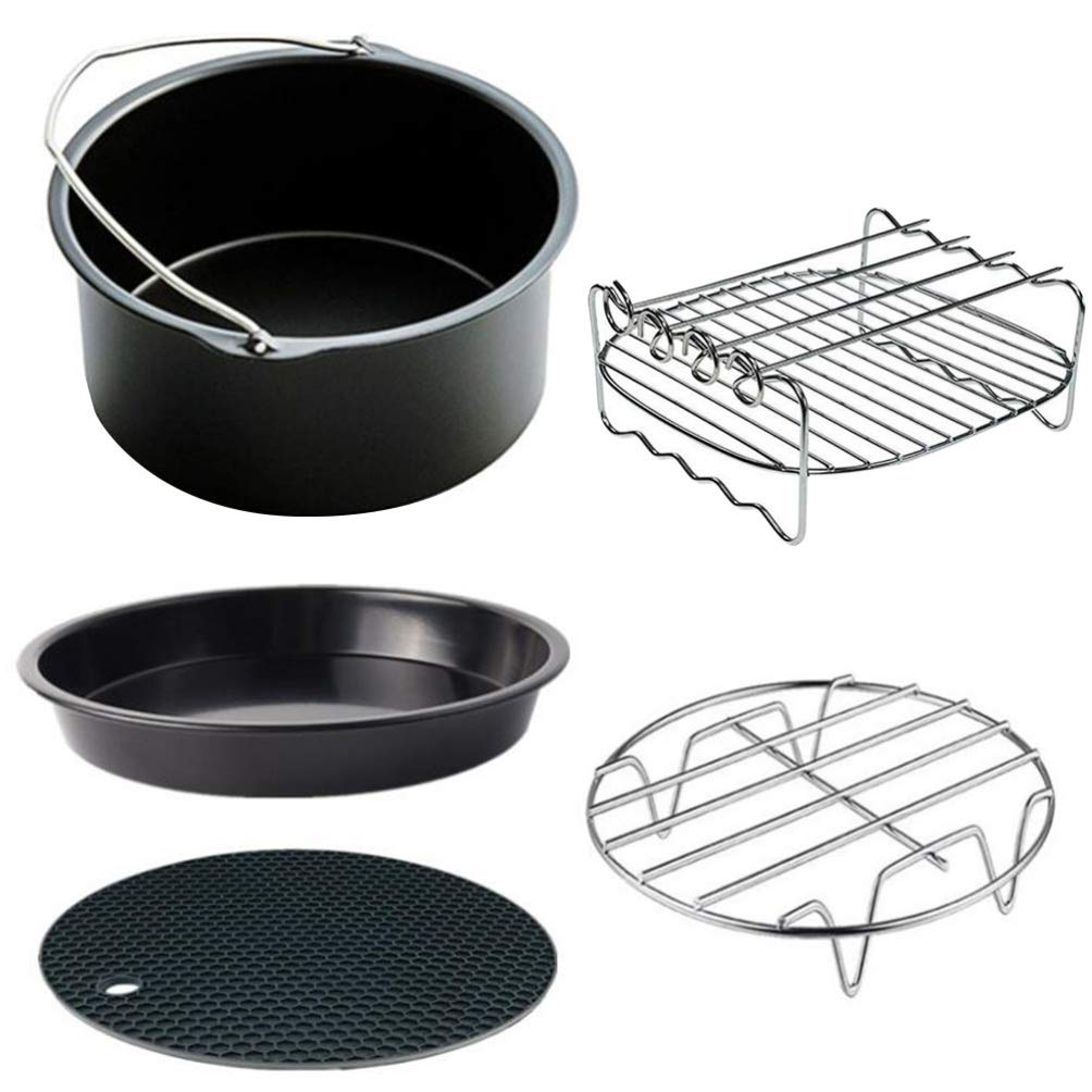 FRCOLOR 7-inch Air Fryer Accessories Set - Non-Stick Pizza Pan, Grill Rack, Double Layer Cooking Rack & Skewers - Perfect for Baking, Grilling, and Roasting in Air Fryers - Ideal for Pizza, Chicken Wings, Vegetables, and Kebabs