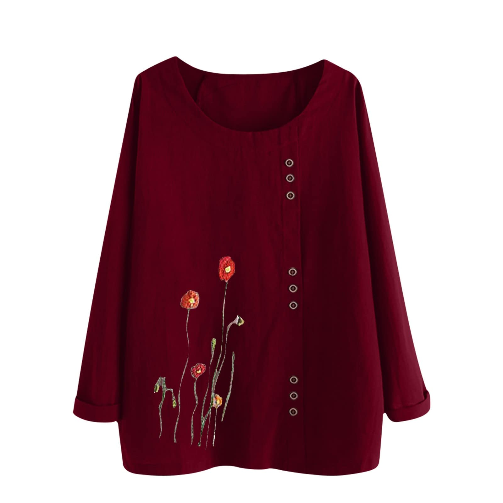 Women's Plus Size Linen Tops - Summer 2023 Casual Long Sleeve Crew Neck Button Down Shirt, Loose Fit Trendy Blouse for Fall | Perfect for Office Wear, Weekend Outings & Layering