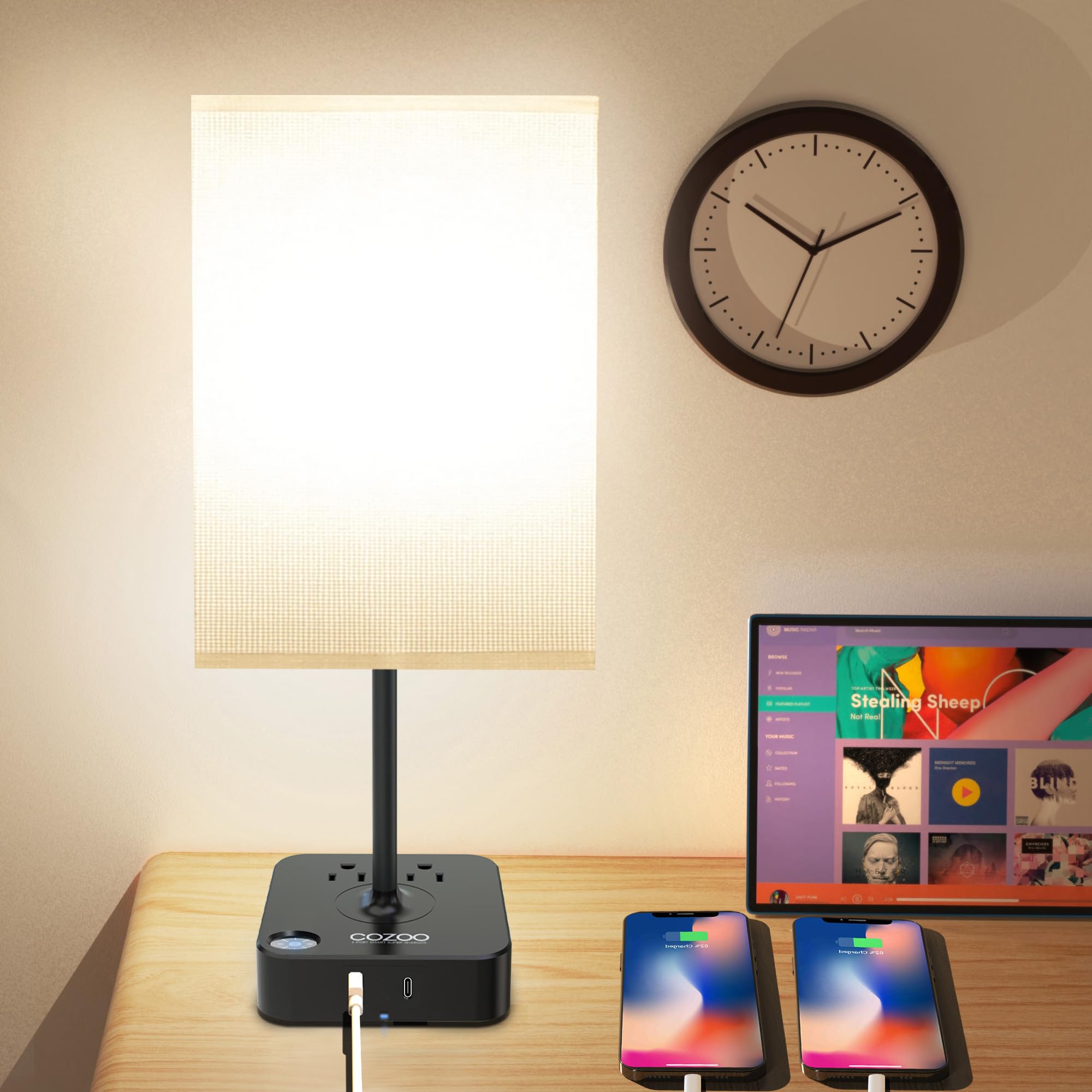 COZOO Modern Bedside Table Lamp with 2 USB Ports & 2 AC Outlets - White Fabric Shade LED Night Light with Charging Station for Bedroom, Living Room, Dorm | Perfect for Reading, Working & Phone Charging at Night