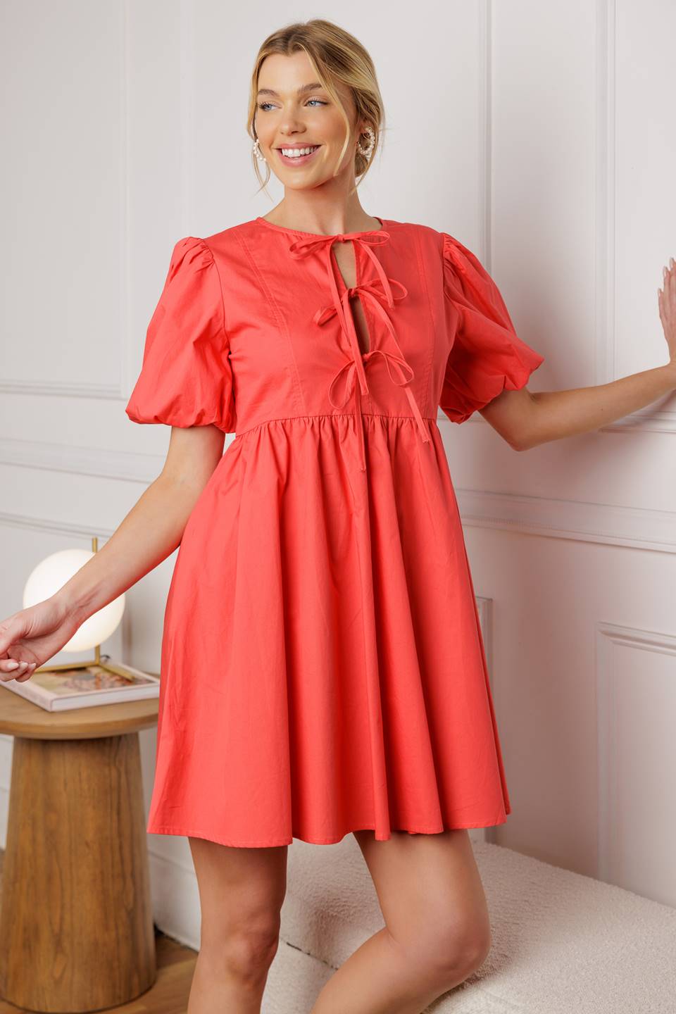Front Tie Puff Sleeve Mini Dress in Coral - Elegant Summer Party & Date Night Outfit for Women