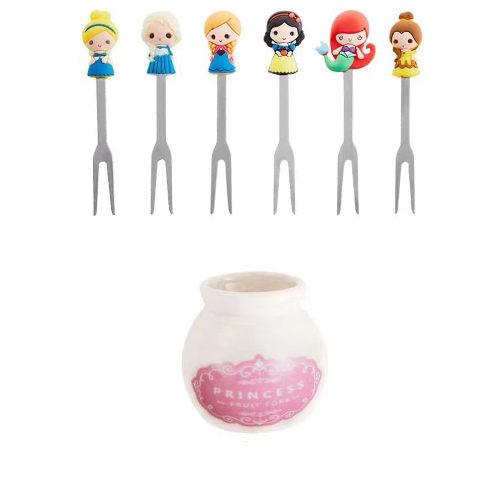 6Pcs Cute Cartoon Princess Stainless Steel Dessert Forks with Holder - Salad, Fruit, Party Food Flatware Set for Kids, Tea Time, Birthday Decorations