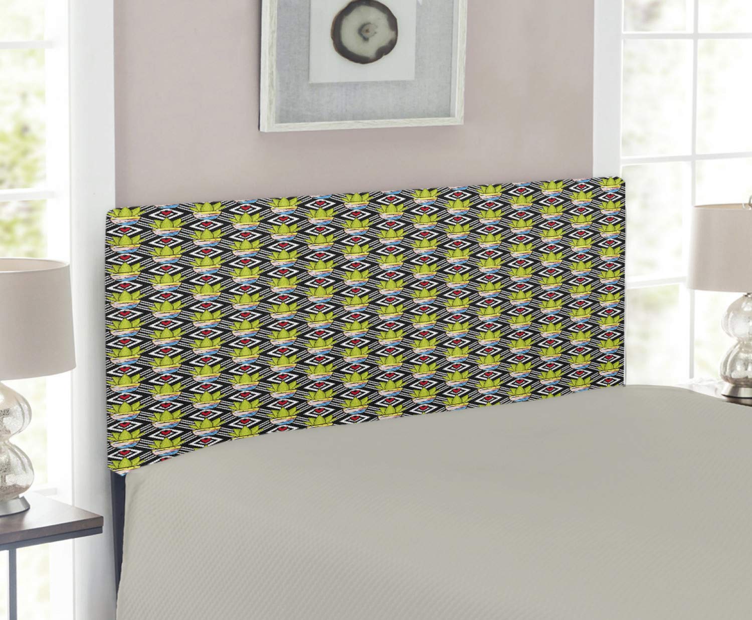 Ambesonne Cactus Upholstered Headboard - Twin Size Geometric Diamond Pattern with Potted Plants Design, Decorative Metal Bed Headboard with Memory Foam - Perfect for Bohemian & Nature-Inspired Bedroom Decor