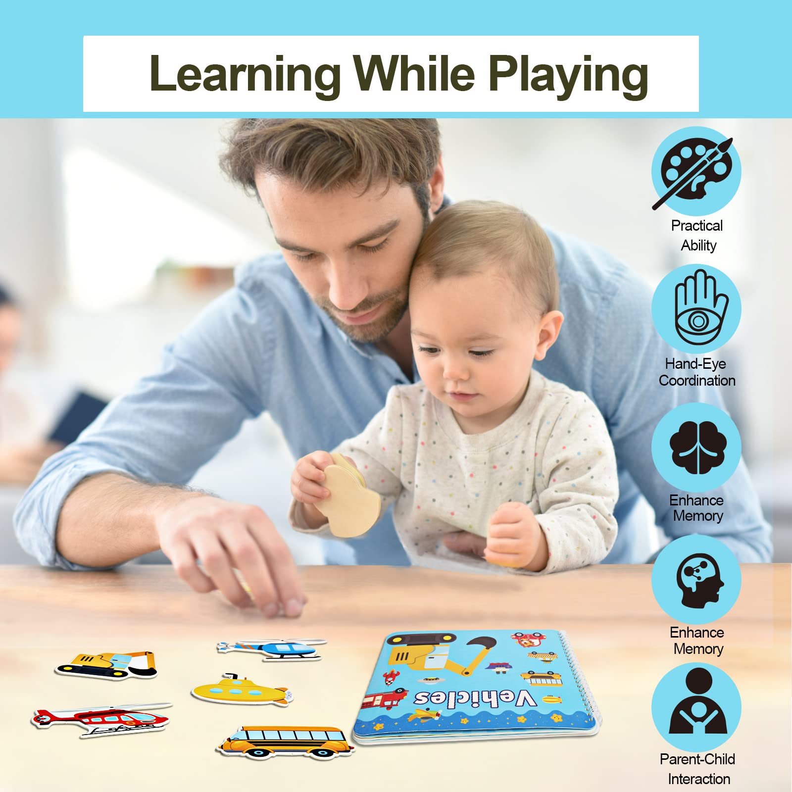 Montessori Preschool Learning Toys for Toddlers - Vehicle Busy Book, Sensory Educational Toys for Boys & Girls - Perfect for Autism Learning, Christmas & Birthday Gifts - Ideal for Home, Classroom & Travel Playtime