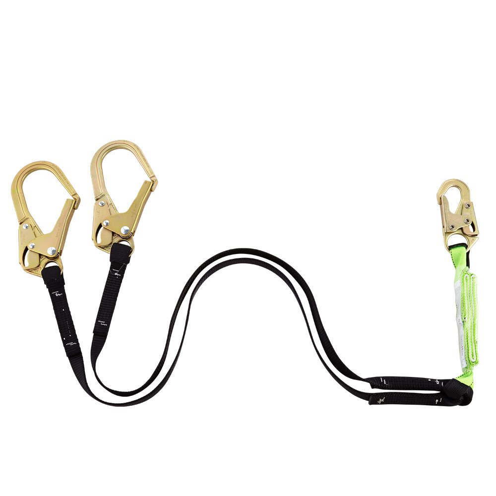 Peakworks 6 ft Double Leg Safety Lanyard with Shock Absorber - Fall Protection Equipment with Snap Hook & 2 Rebar Hooks - OSHA Compliant Black/Green Safety Harness (V8104426) - Ideal for Construction, Roofing & Industrial Work at Heights