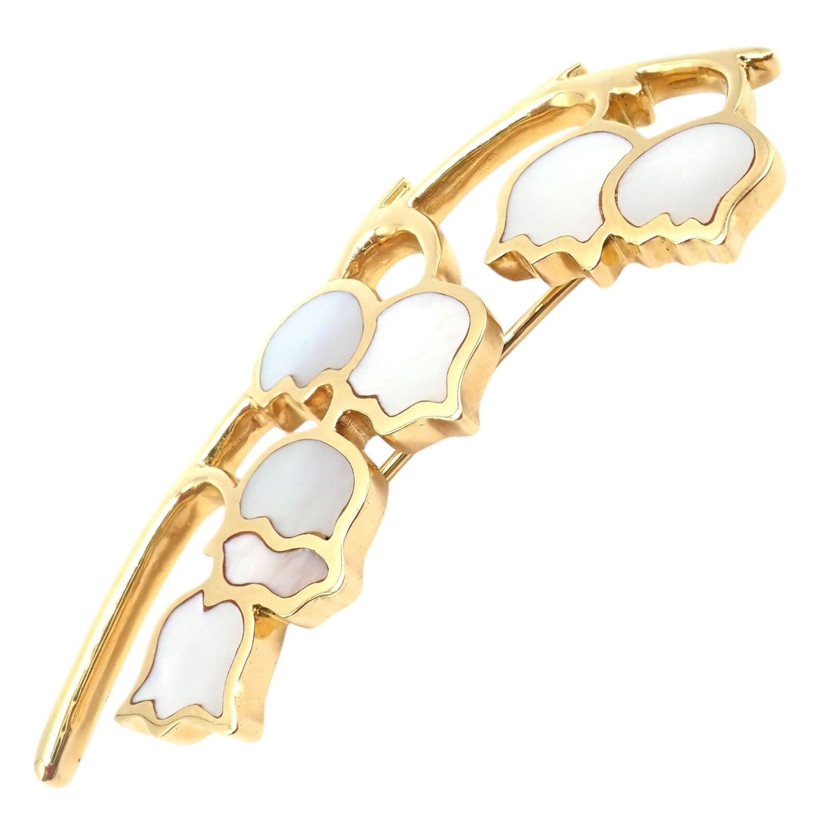 Tiffany & Co Cummings 18k Yellow Gold Mother of Pearl Lily of the Valley Flower Pin Brooch - Elegant Vintage Jewelry for Women, Perfect for Weddings, Parties & Special Occasions