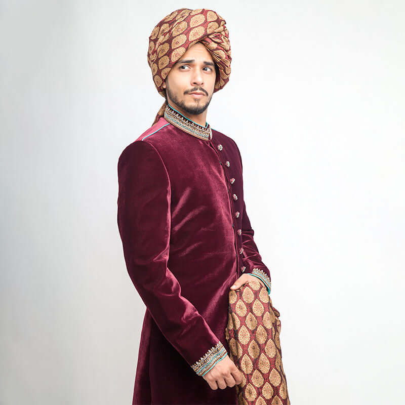 Deep Maroon Velvet Sherwani for Men - Slim Fit Indian Wedding Suit | Perfect for Groom Outfit, Festive Occasions & Cultural Events