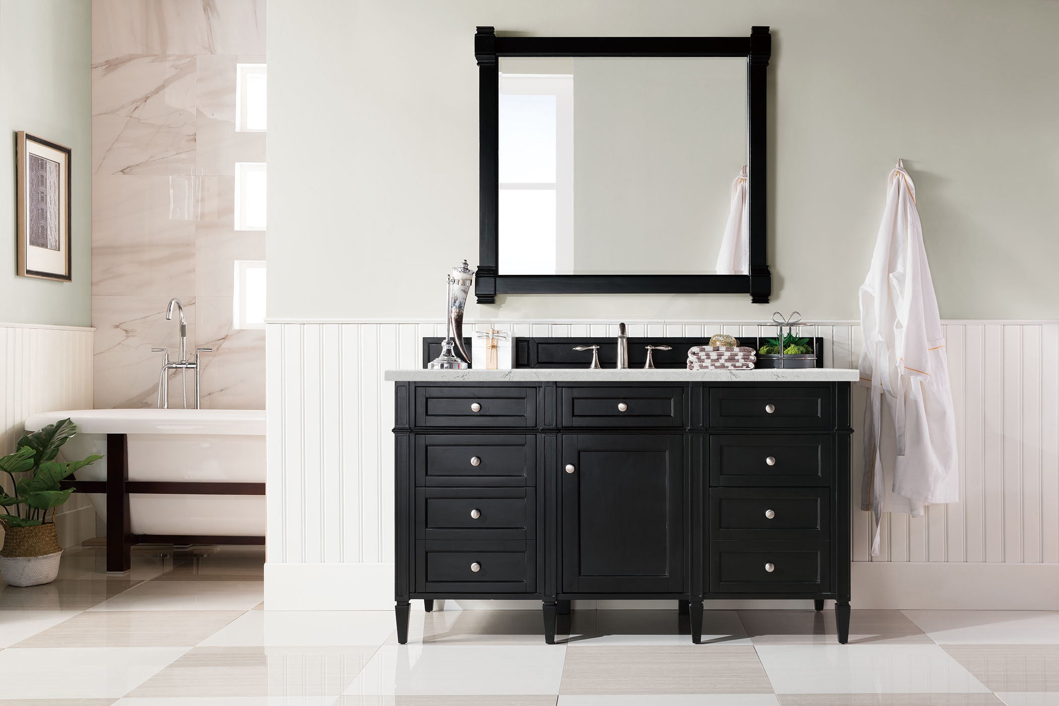 Brittany 60-Inch Single Bathroom Vanity in Black Onyx with 3CM Eternal Jasmine Pearl Quartz Countertop - Perfect for Modern Master Bathrooms & Powder Rooms