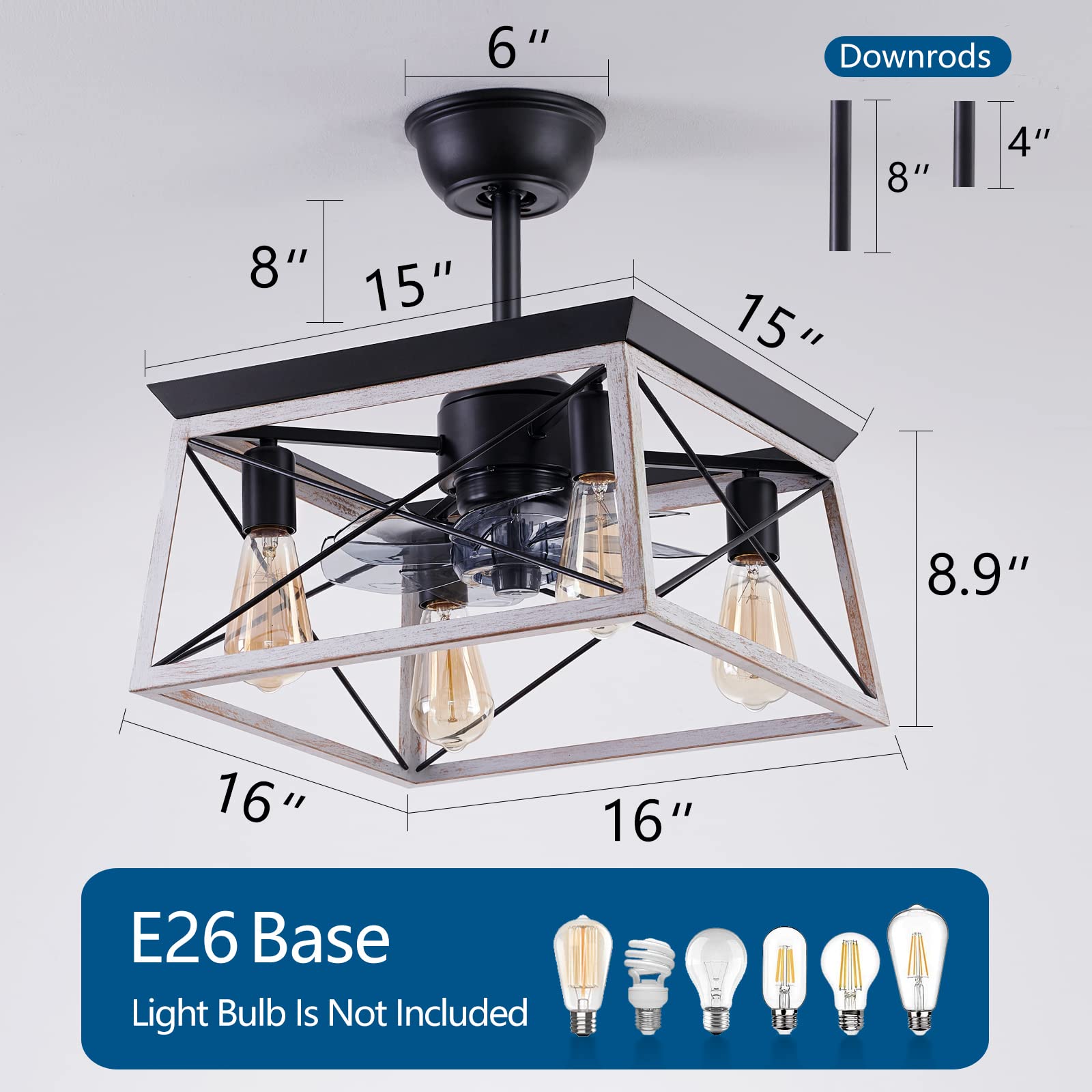 Rustic 4-Light Caged Bladeless Ceiling Fan with Remote - Farmhouse Style Indoor Fan with LED Lights for Living Room, Bedroom & Kitchen - Perfect for Home, Office and Patio Decor