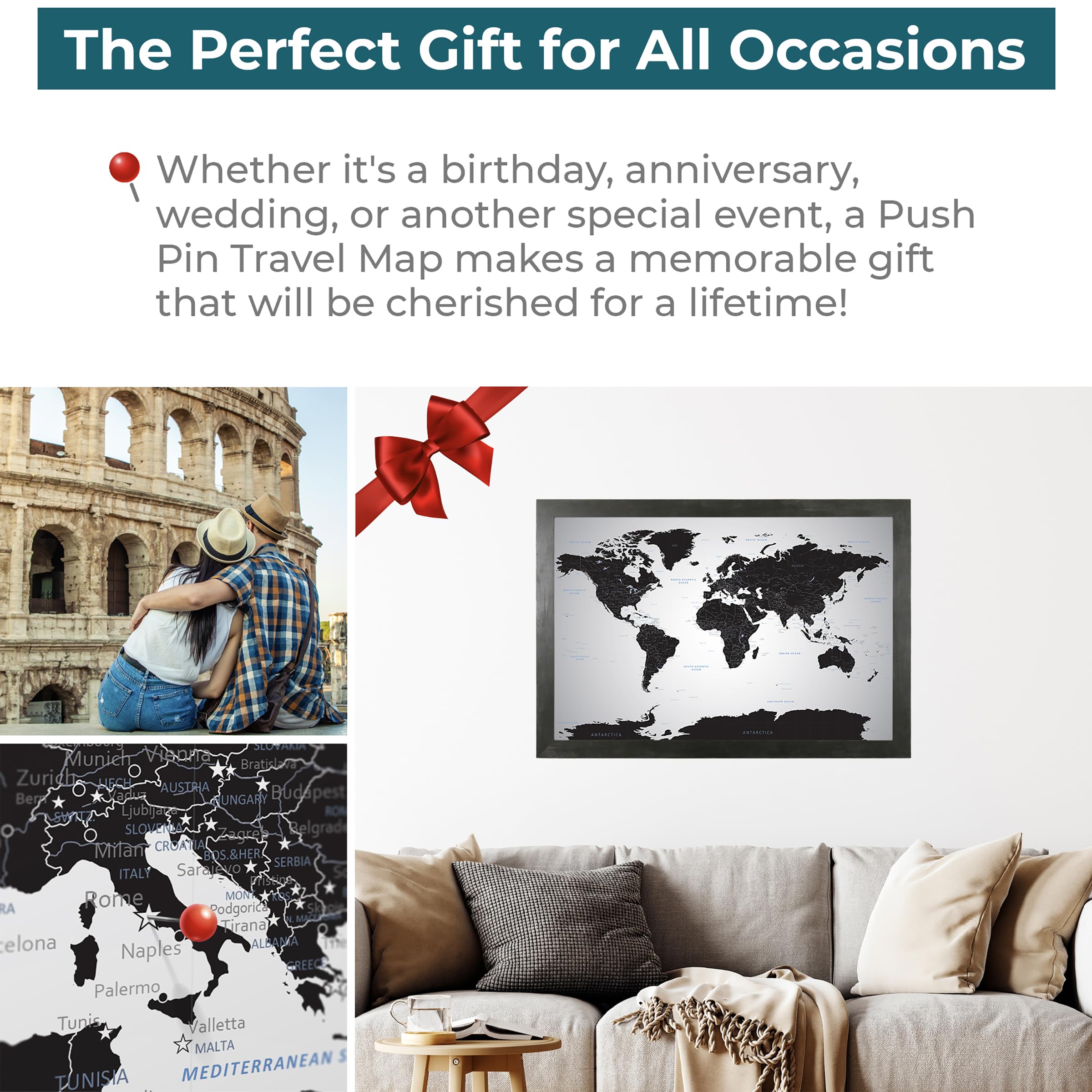 Push Pin Travel Map - Black Ice World - Rustic Black Framed Pin Board for Tracking Adventures - 27.5