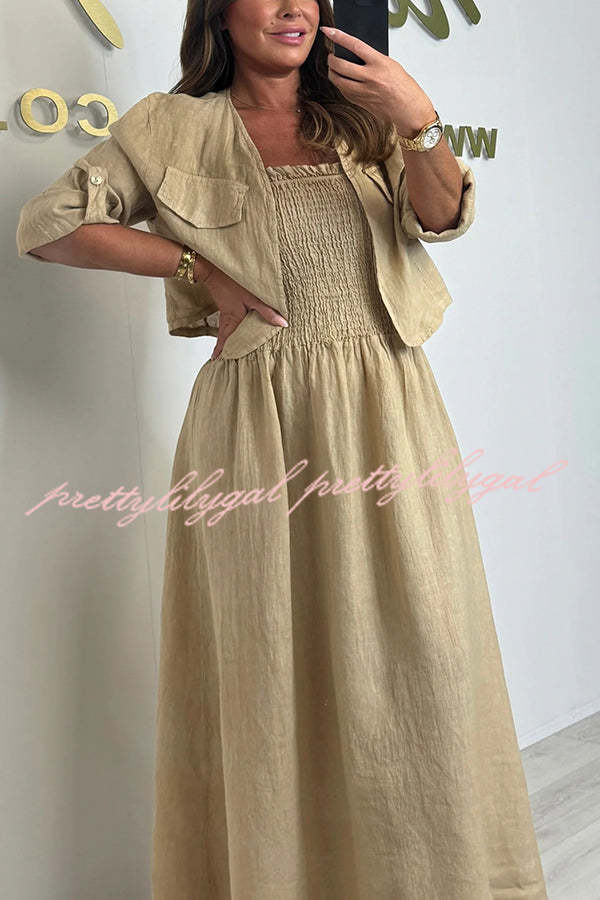 Stylish Solid Color Casual Short Jacket with Suspenders & Pleated Maxi Dress Set for Women | Perfect for Spring Outfits, Date Nights & Office Wear