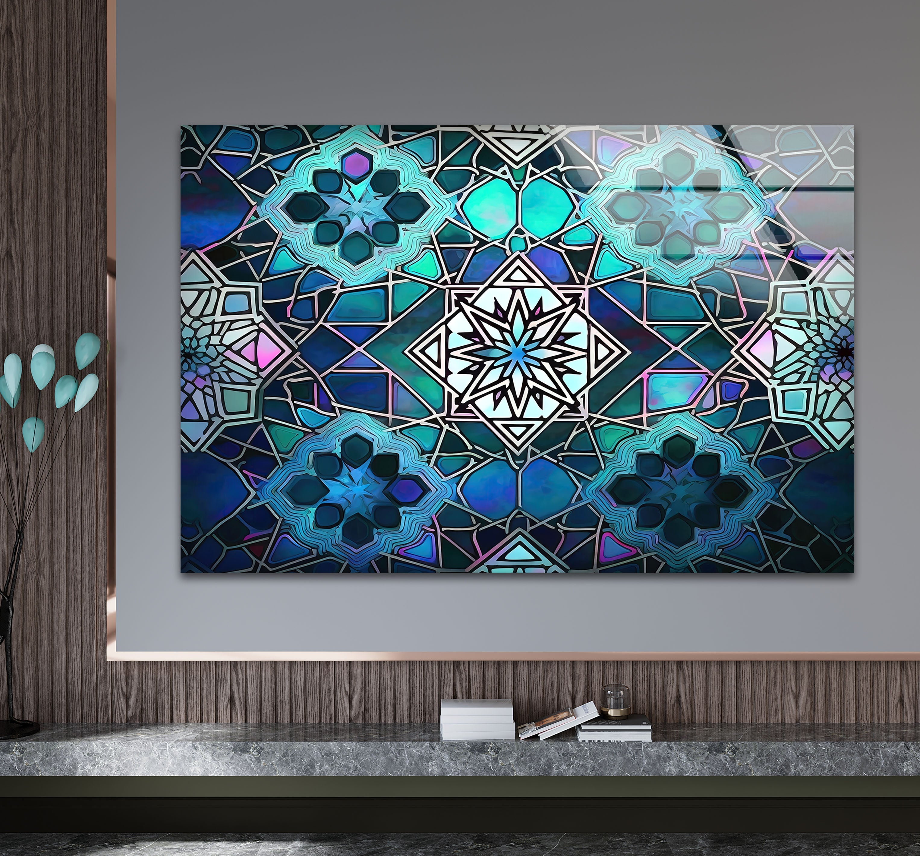 Blue Mosaic Star Glass Wall Art - Islamic Geometric Window Panel, Sacred Pattern Home Decor for Living Room, Bedroom & Mosque