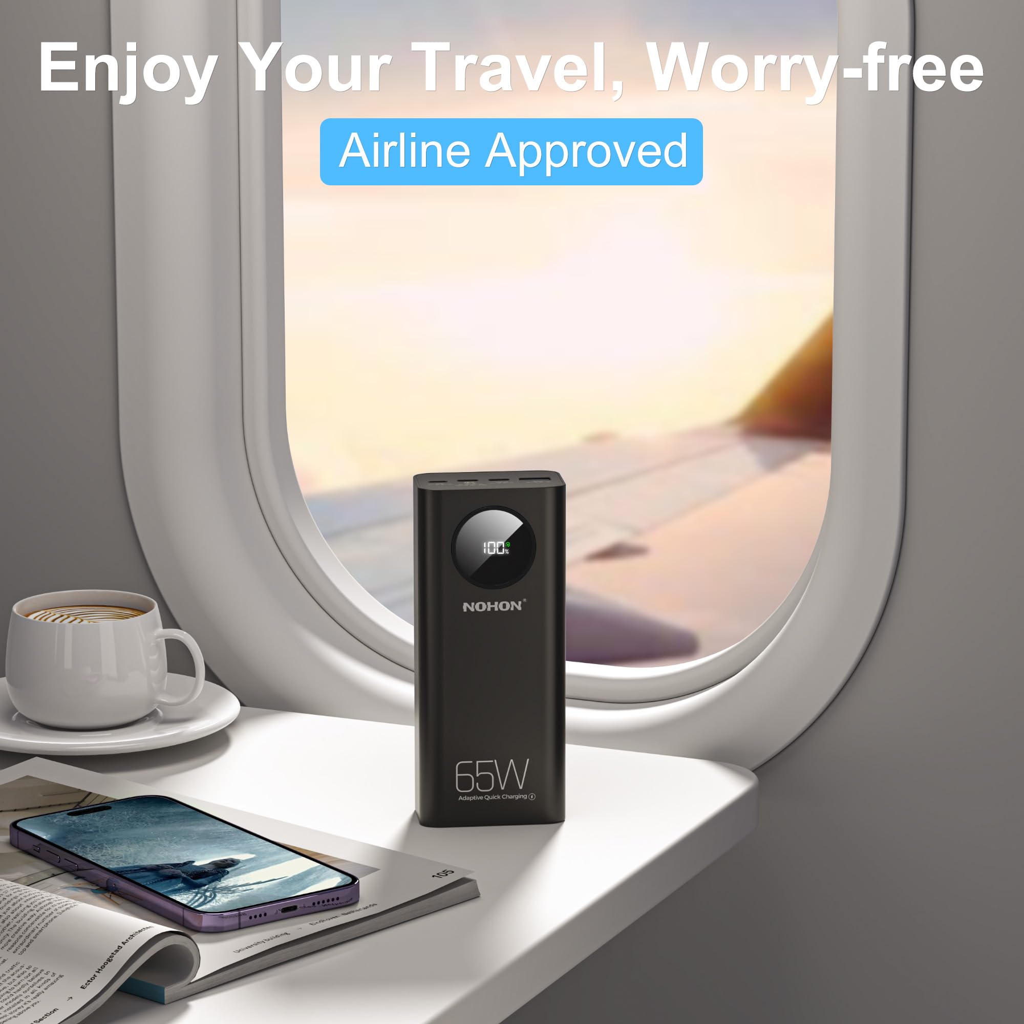 NOHON 26800mAh 65W Fast Charging Power Bank with LED Display - 4-Port Portable Charger for iPhone 15/14/13/12/11, MacBook, iPad, AirPods, Samsung Galaxy S Series - Perfect for Travel, Camping & Emergency Power Backup